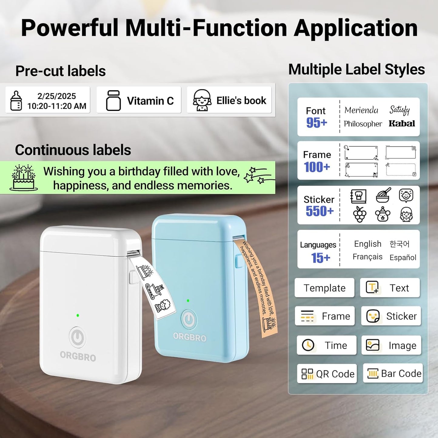 ORGBRO Label Maker Machine with Tape, X1 Portable Bluetooth Mini Label Printer, Support Pre-Cut & Continuous Label, Wireless Small Label Makers with Versatile App for School Home Office Organization