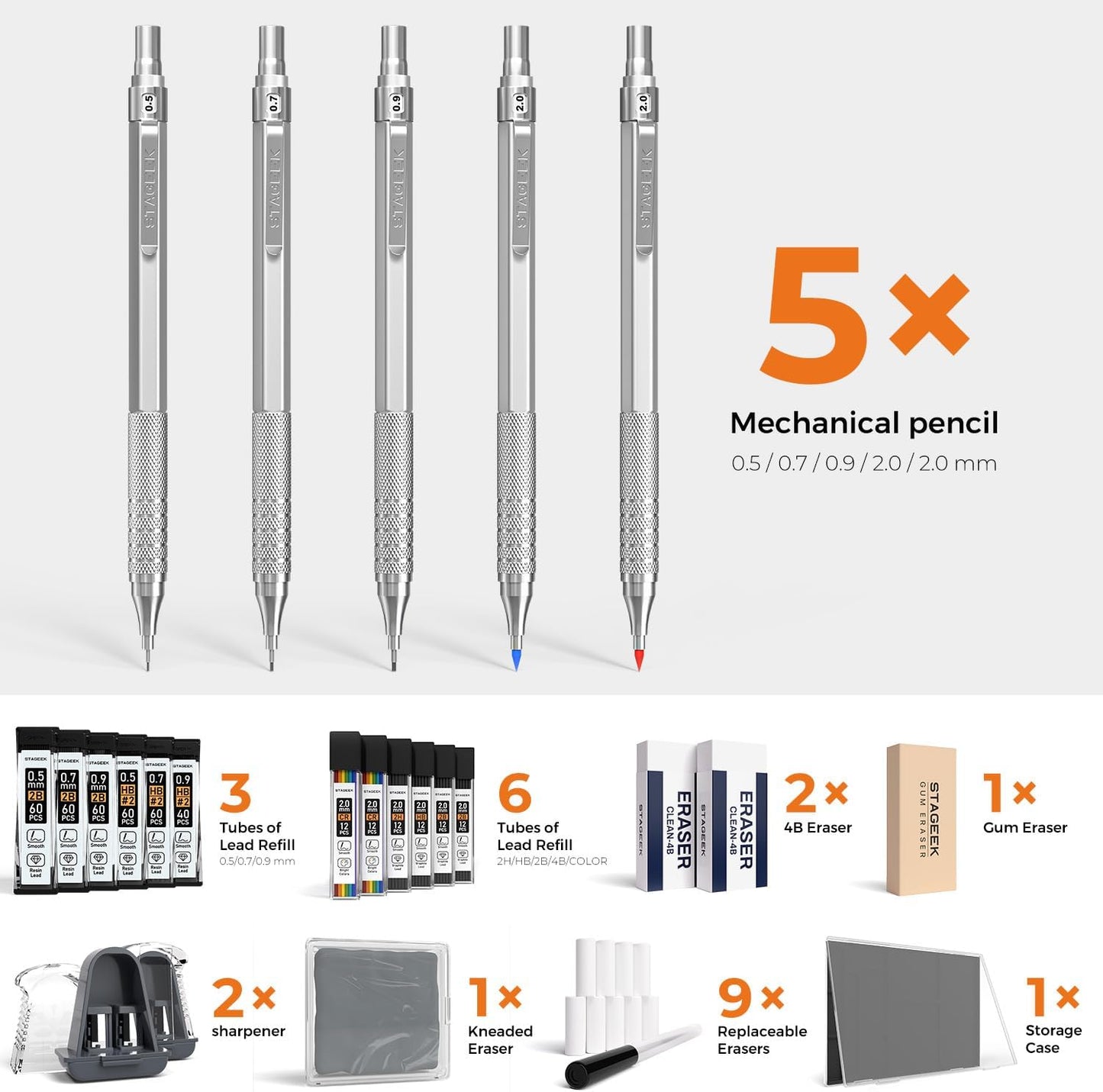 25PCS Art Mechanical Pencil Set, 3PCS Metal lead pencil 0.5, 0.7, 0.9, 2PCS 2mm Drawing Pencil (HB 2H 2B 4B Color) with 392PCS Graphite Leads, Eraser with Case for Drafting Drawing Writing