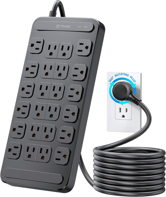 TROND Surge Protector Power Strip 360° Rotating Flat Plug, 24 AC Outlets, 4000 Joules, 6ft Heavy Duty Extension Cord 1875W, ETL Listed, Ideal for Gaming Office Home Dorm Room Essentials Black