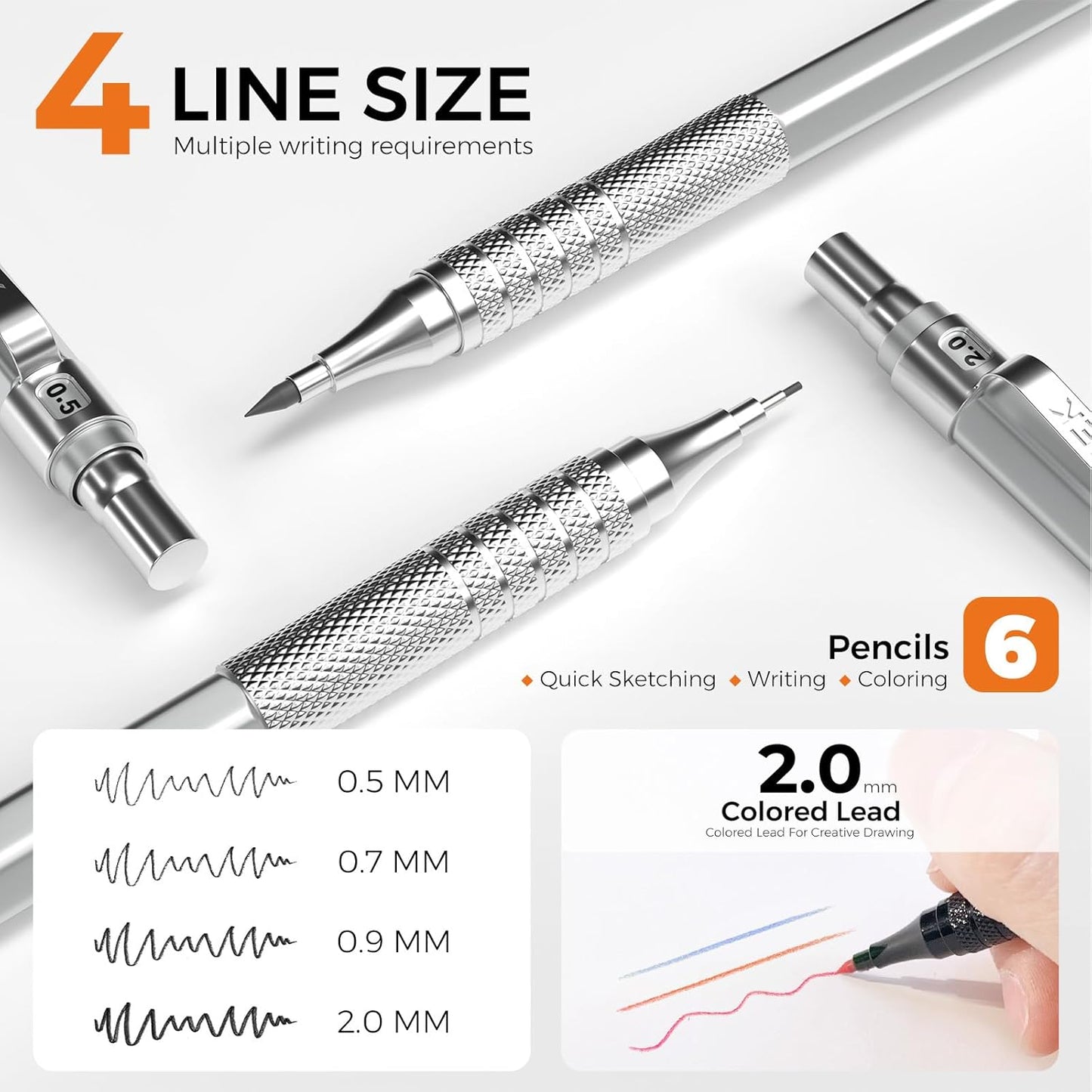 35Pcs Art Mechanical Pencil Set with Case, 0.5 0.7 0.9 2.0 Graphite Metal Drawing Drafting Pencils, Sharpener Erasers 384PCS Lead Refills (6B 4B 2B HB 2H 4H Colors)Pencils for Writing Sketching,Silver