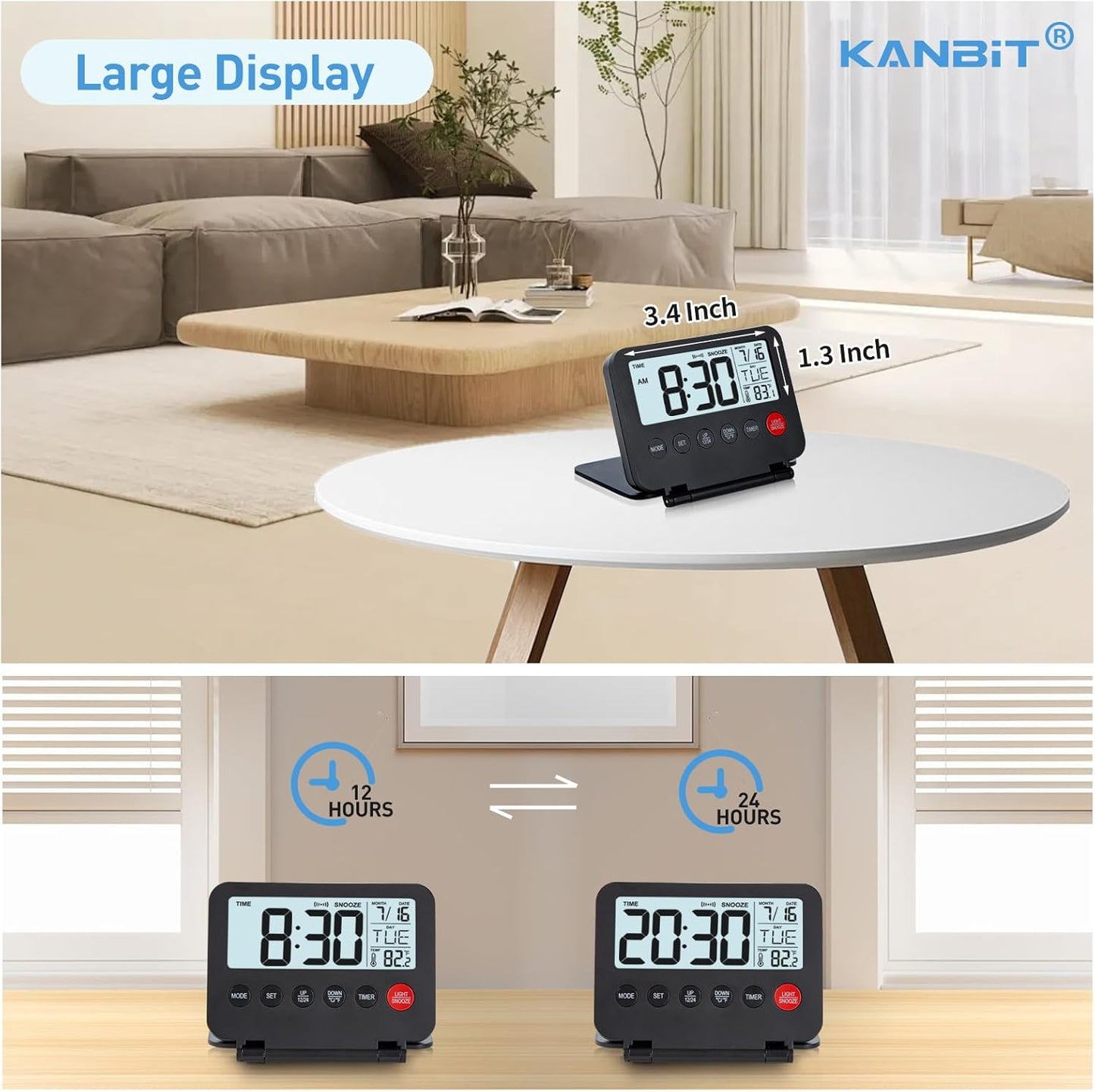 Small Digital Travel Alarm Clock, Large LCD Display Front Button with Date & Temperature, Snooze and 8 Seconds Backlight AAA Battery Operated Desk Clock for Home & Office, Black