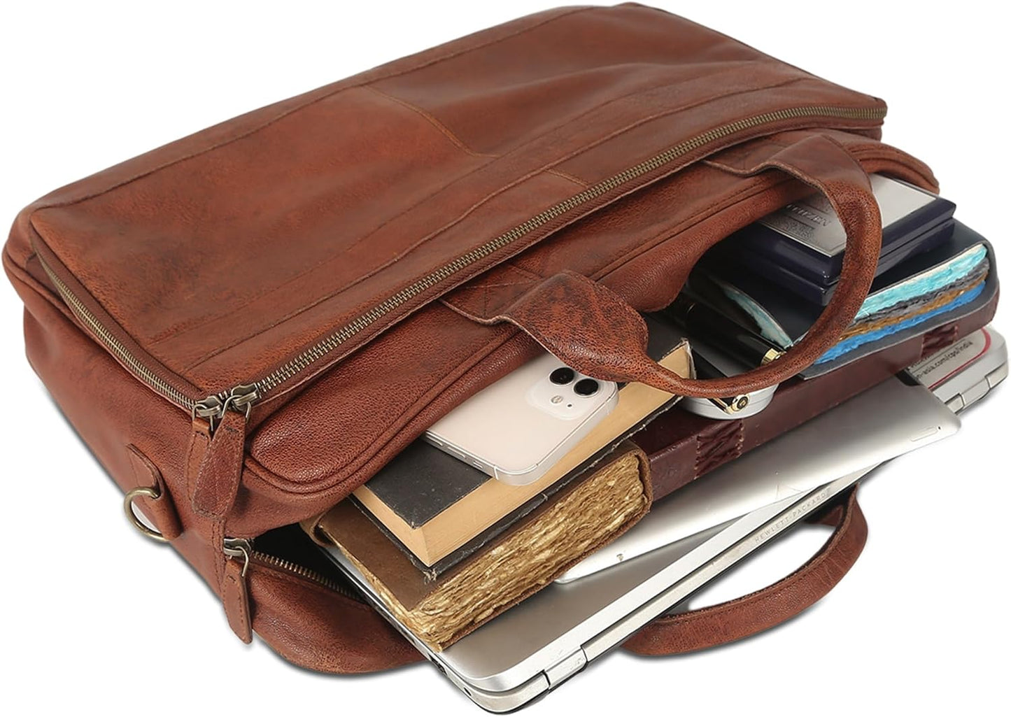 Leather briefcase 18 Inch Laptop Messenger Bags for Men and Women Best Office briefcase Satchel Bag (Wash Tan)