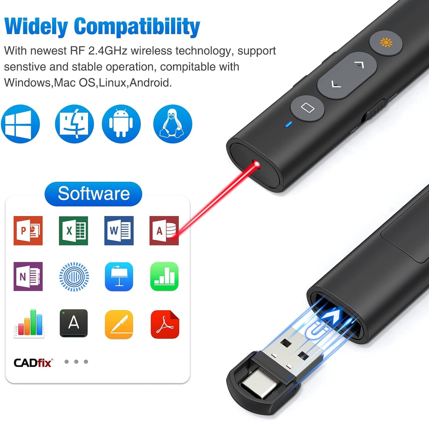 2 in 1 USB Type C Presentation Clicker with Laser Pointer, Wireless Presenter for PowerPoint Presentation PPT Clicker, 2.4GHz Presenter Remote Slide Advancer with Bright Red Laser Pointer