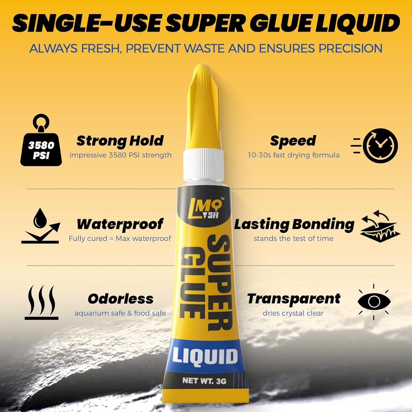 Super Glue 6x3g Liquid CA Glue, Clear Cyanoacrylate Adhesive Single Use for Shoe Sole Repair Ceramic Plastic Model Metal Wood Aquarium Leather Pottery Glass, Food Safe Strong and Instant Bonding