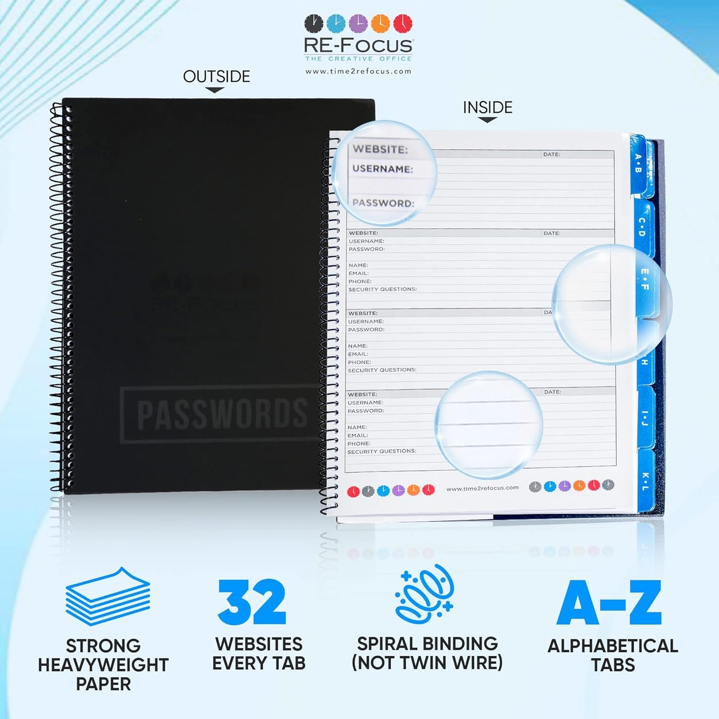 RE-FOCUS Password Book with Alphabetical Tabs 10"x7.5" Spiral Bound Credentials keeper Saves All Internet Login Details (Black)