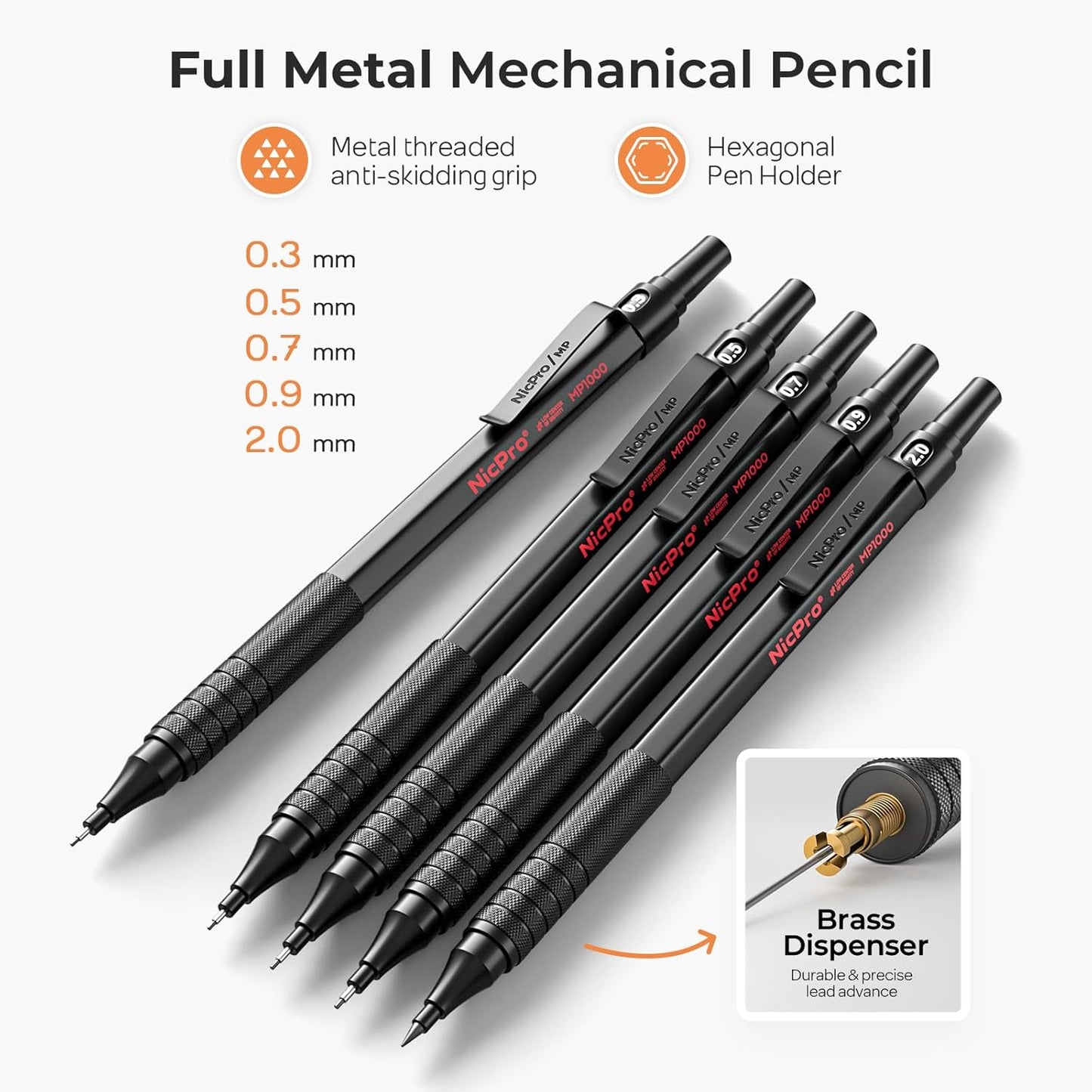 Nicpro Black Art Mechanical Pencil Set, 5PCS Metal Drafting Pencils 0.3, 0.5, 0.7, 0.9 mm & 2mm Graphite Lead Holder For Sketching Drawing With 9 Tubes (4B 2B HB 2H Colors) Lead Refills Erasers Case