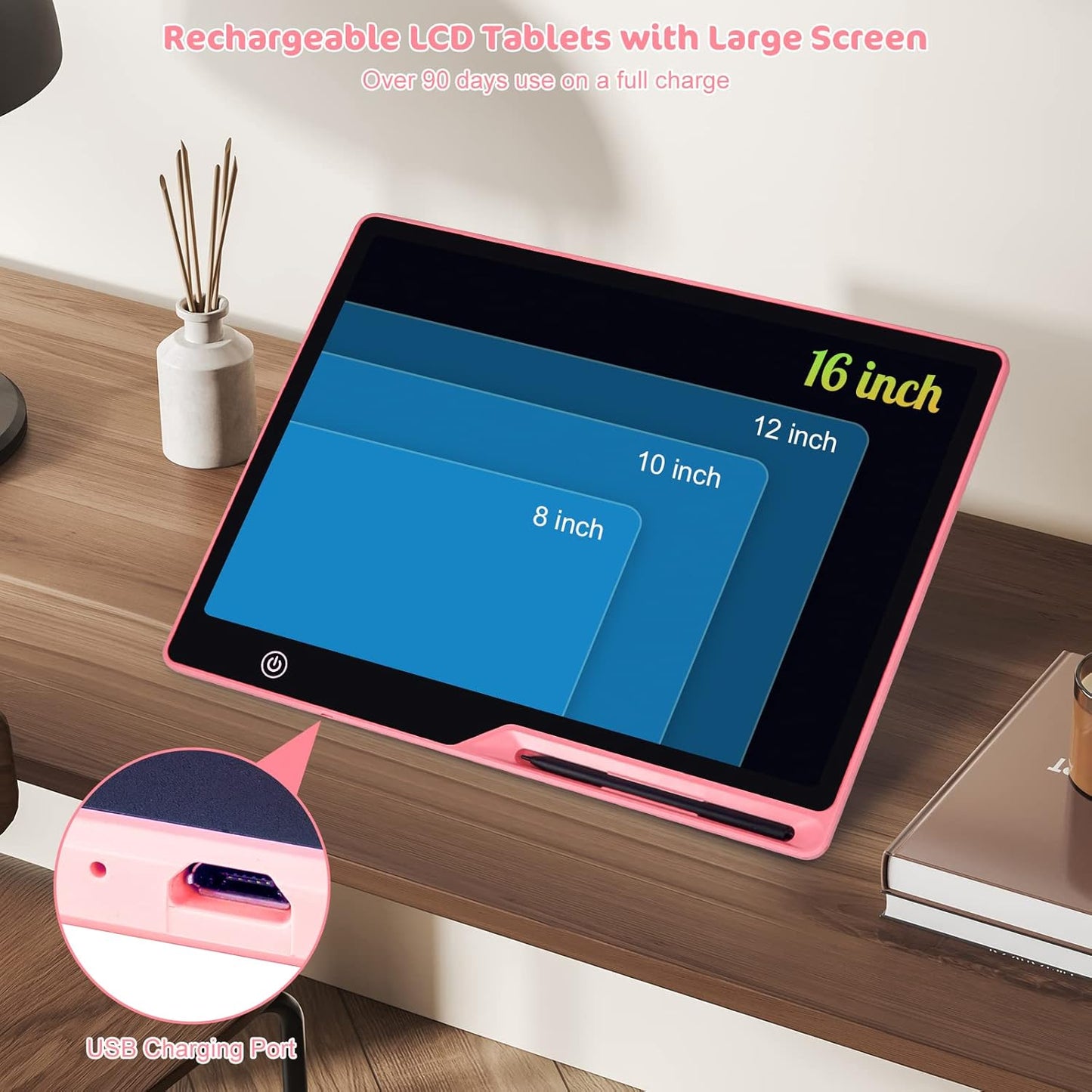 LCD Writing Tablet,16 Inch Colorful Screen Rechargeable Doodle Board Toddler Educational Toys for 3 4 5 6 Years Old Boys Girls Reusable Portable Drawing Tablet Christmas Toys Gifts for Kids (Pink)