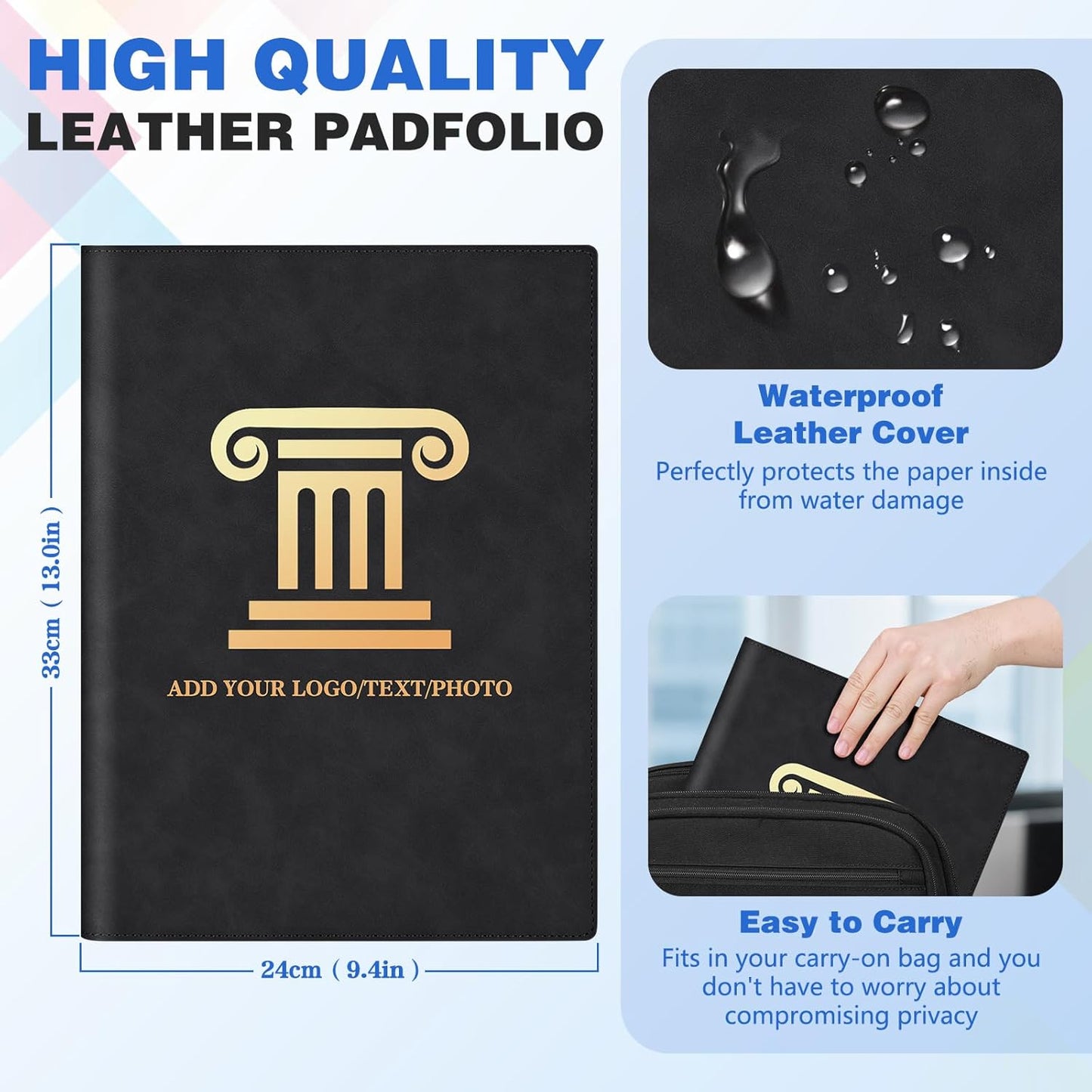 Personalized Padfolio Folder, Leather Custom Portfolio for Men & Women Resumes Office Business, A4 Portfolio Binder for Office College Resumes (Deepblue)