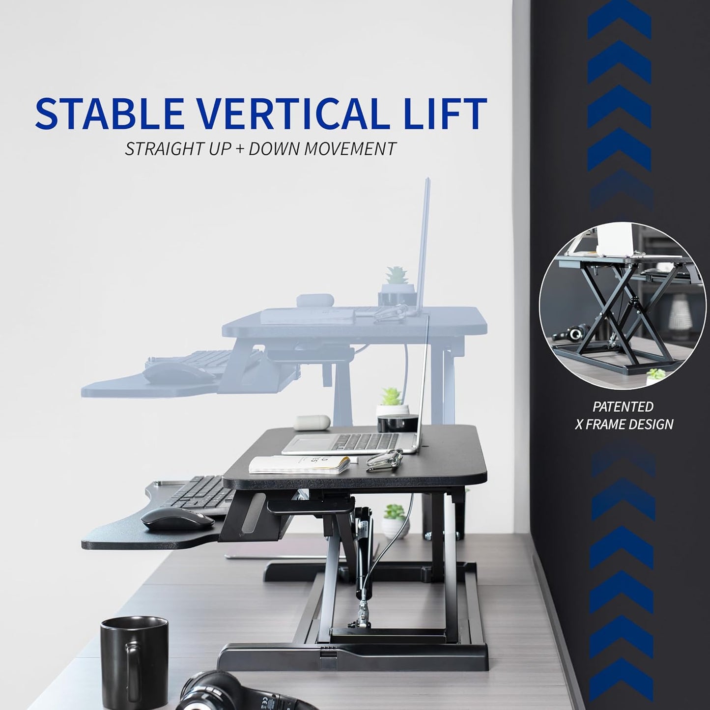 VIVO 42 inch Desk Converter, K Series, Height Adjustable Sit to Stand Riser, Dual Monitor and Laptop Workstation with Wide Keyboard Tray, Reclaimed Wood Top, Black Frame, DESK-V042KP