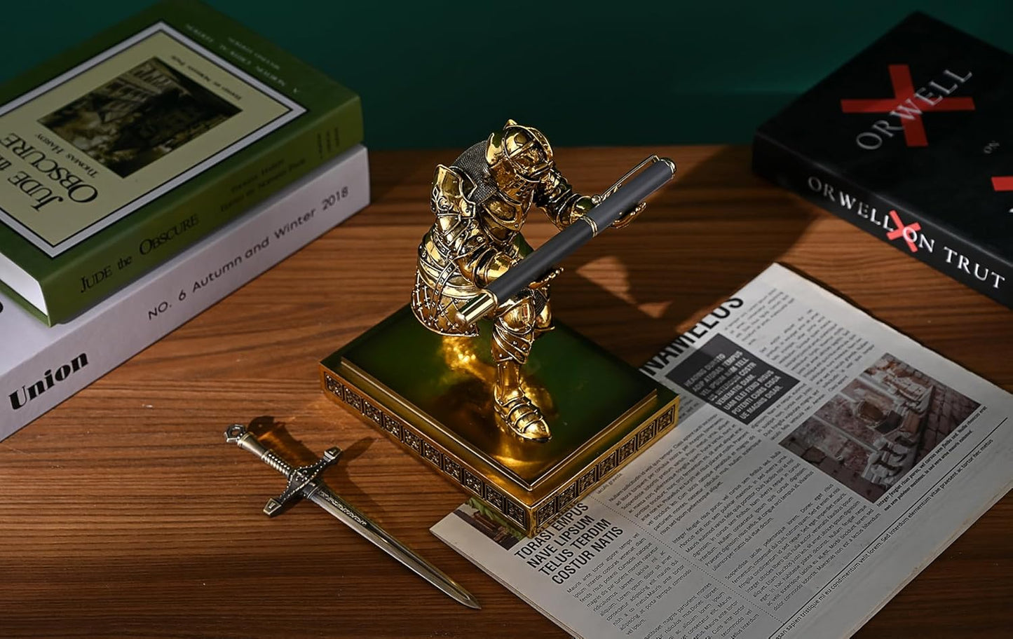 King's Guard Knight Pen Holder Pen Stand Desk Organizers and Accessories Resin Pencil Holder as Gift with a Metal Sword Letter Opener for Office and Home (Bronze(Plating))