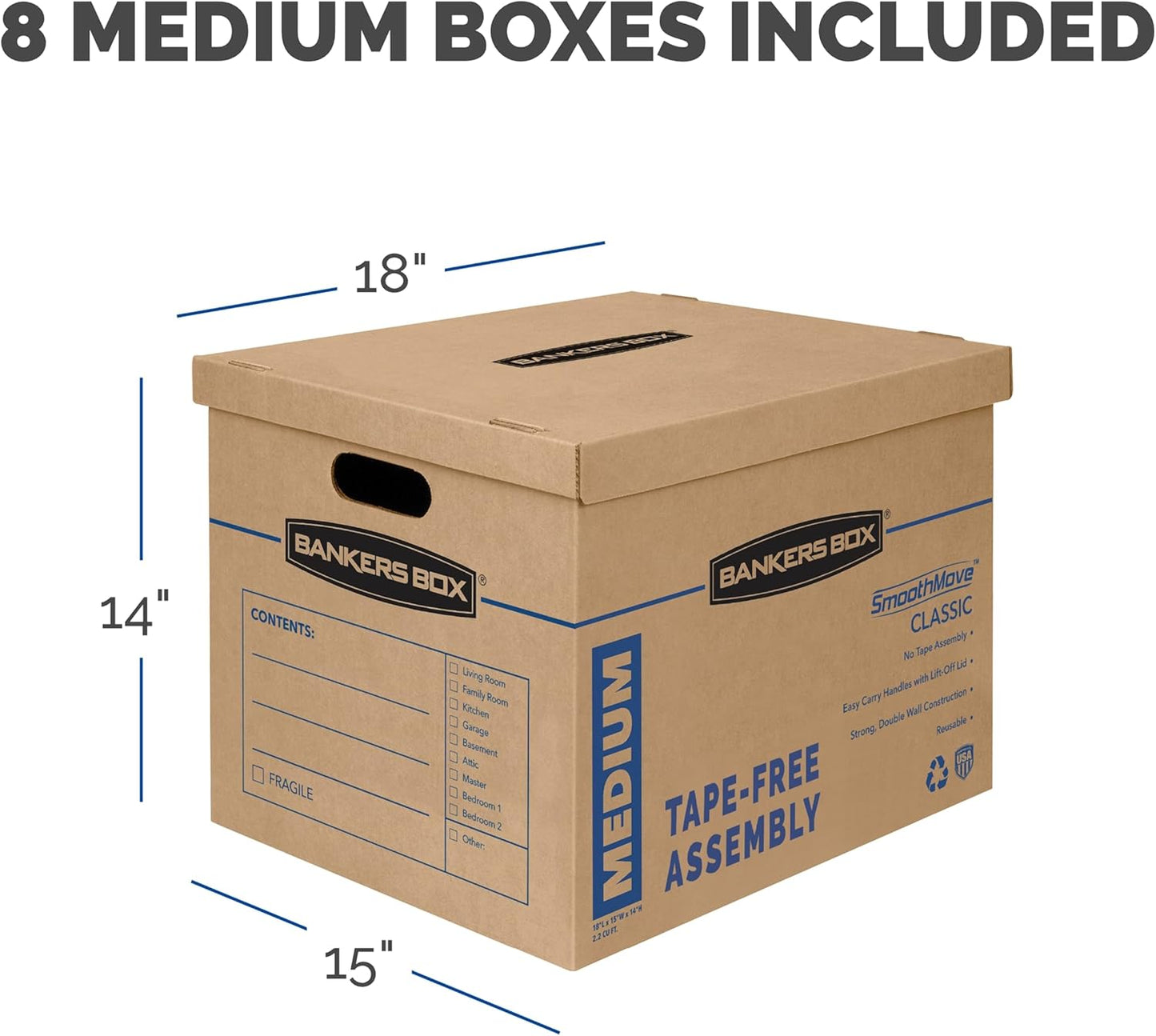 Bankers Box Medium Classic Moving Box 8 Pack, Reinforced Handles, Tape-Free Assembly, Box with Lid, 19-in x 14.5-in x 15.5-in (7717201)