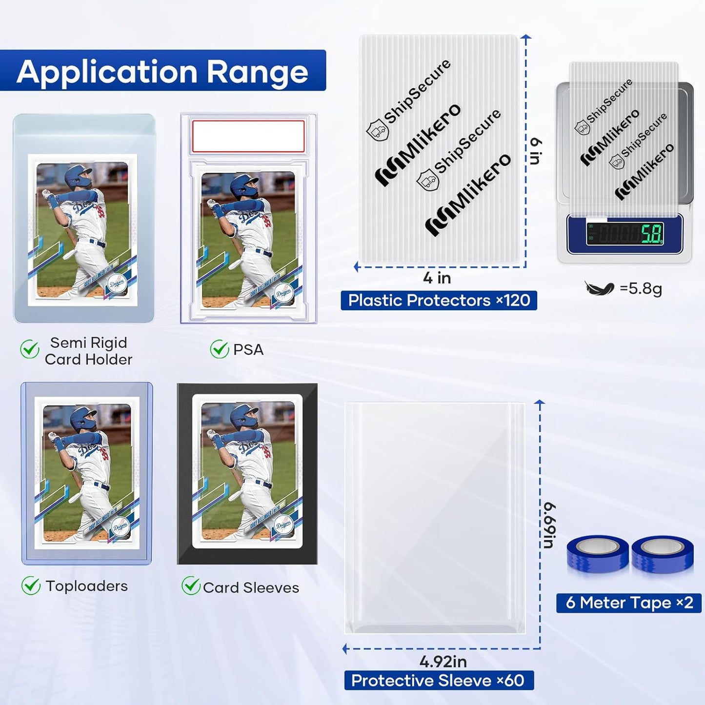 120 Pack Trading Card Shipping Protectors, 4'' x 6'' Plastic Card Protector with Protective Sleeves and Tape Rolls Fit for PSA Graded Cards