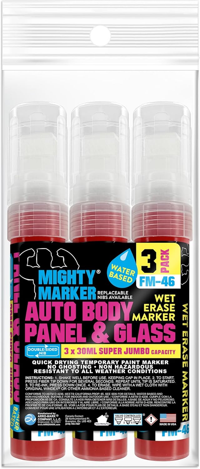 FM-46 Auto Body and Glass Super Jumbo Paint Marker, No-Ghost Formula, Water-Resistant, Valve Action, Removable, Water-Based, 30ml Capacity, Made in USA, Red 3 Pack