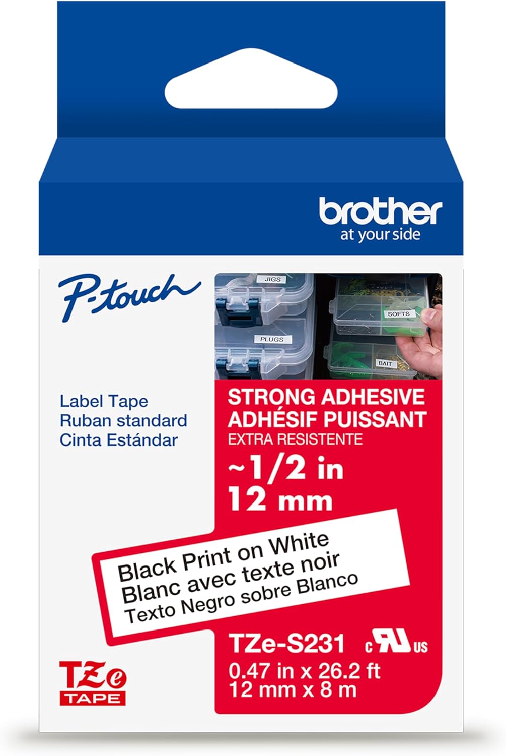 Brother Genuine P-Touch TZe Black Print on White Label Tape (TZeS231), Strong Adhesive Laminated, ~1/2in x 26.2ft (12mm x 8m), for Select P-Touch Label Makers, Water-Resistant, Extra Strength