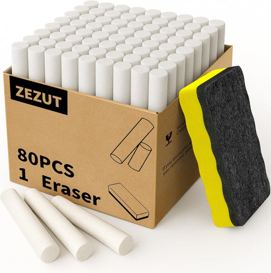 White Chalk with Magnetic Eraser, 80PCS Low Dust Chalks Stick Bulk for School Classroom Chalkboard Blackboard Non-Toxic