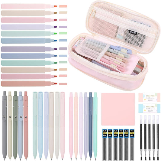 SKYDUE Cute School Supplies 44 PCS, Aesthetic Pencil Case with 12 Pastel Highlighters, 5 Black Gel Pens, 6 Color Gel Pens & Mechanical Pencils, College Essentials Students Stationary Set Pink