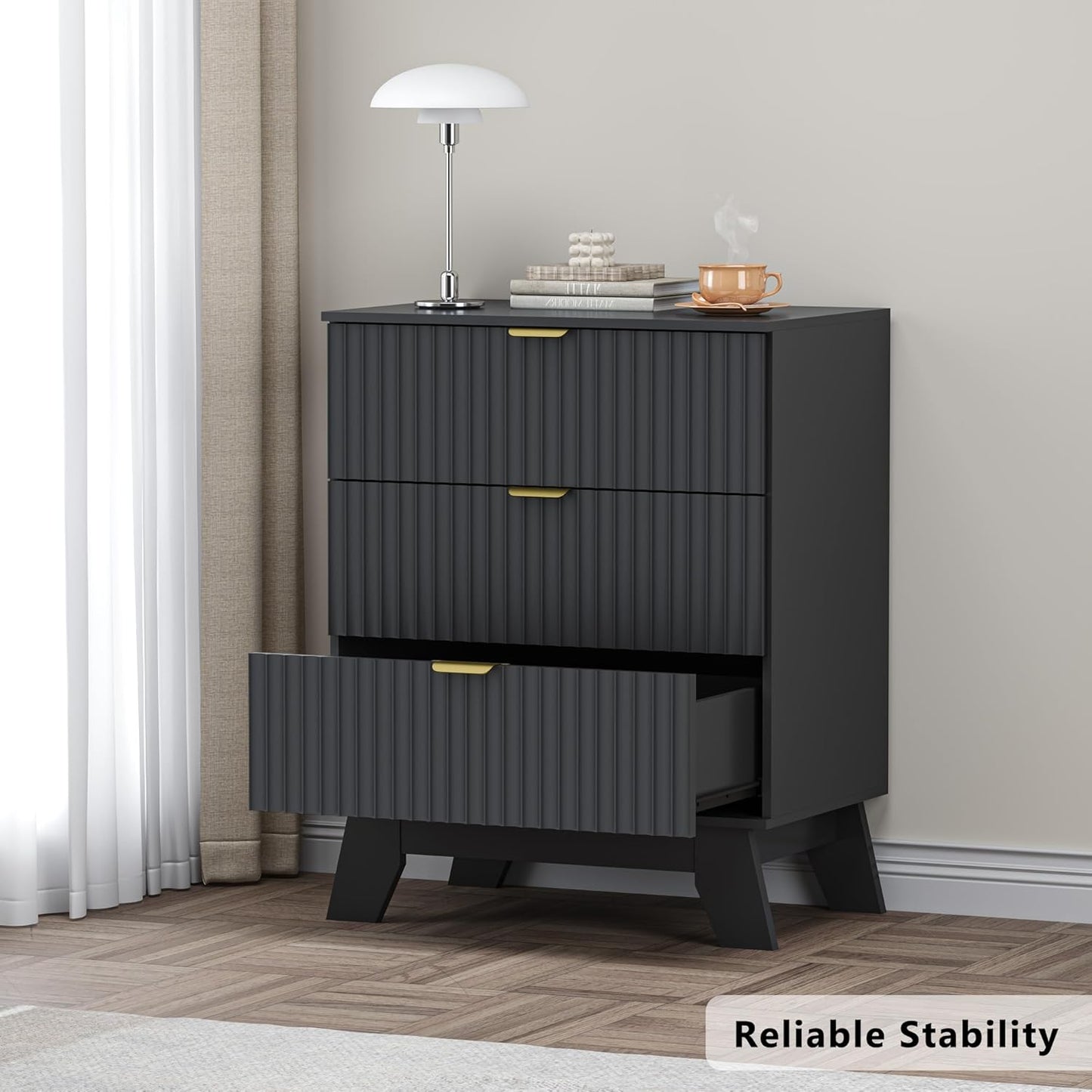 Fluted 3 Drawer Dresser, 30.3" Tall Compact Modern Boho Chest of Drawers, Wooden Storage Cabinet for Bedroom, Living Room, Entryway, Curved Profile Design