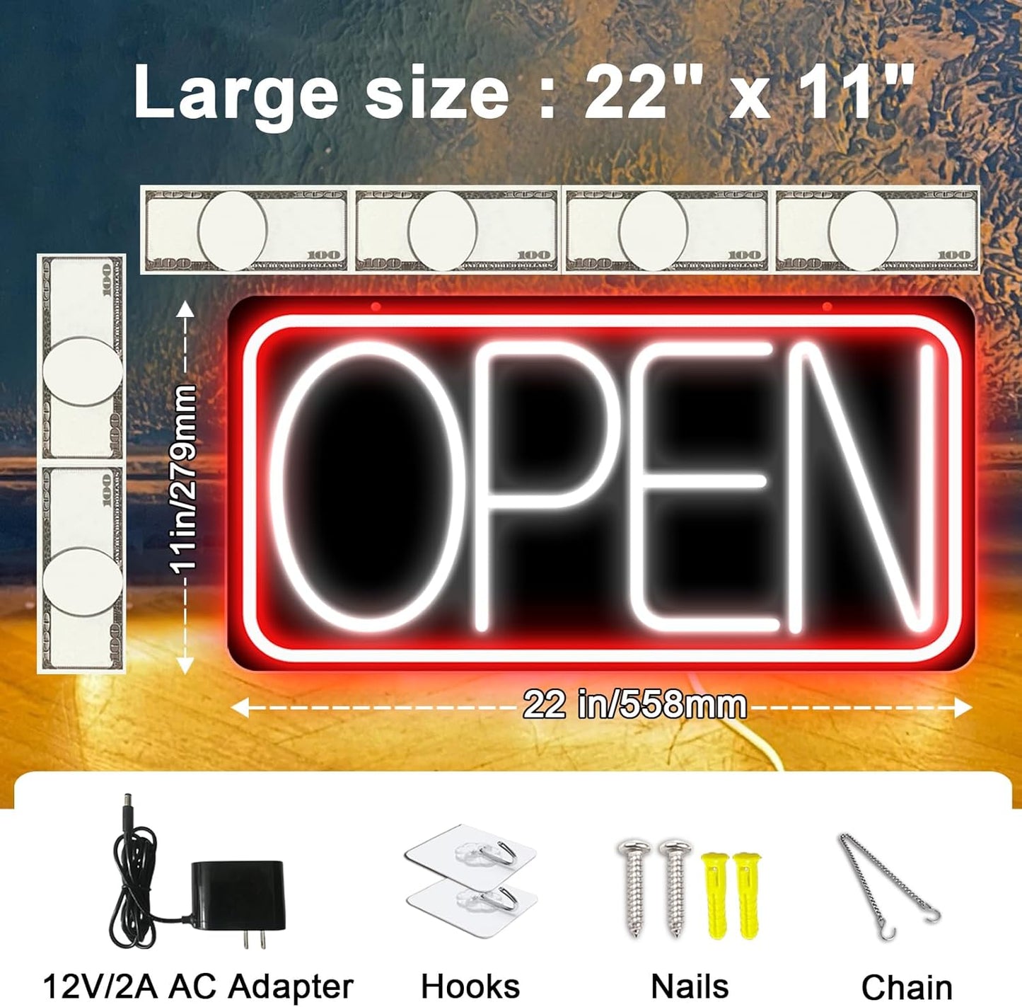 22" X 11" Led Neon Open Signs for Business, Large Open Signs, Plug In Electric Light Up with ON/OFF Switch, Ultra Bright Open Sign for Bar Salon Coffee Stores Club Hotel (Black Backplate)