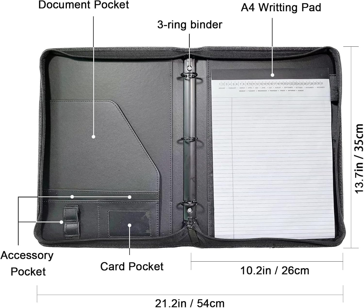 Yodo Zippered Portfolio 3-Ring Binder Business PU Leather Portfolio Interview Resume Legal Document Organizer Notepad Folder Padfolio for Men Women