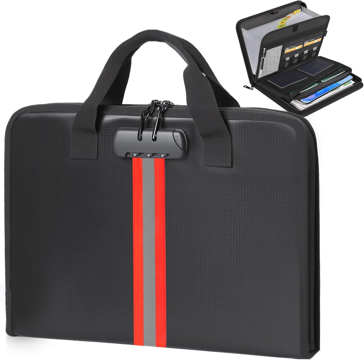 Accordion File Organizer with Combination Lock,Fireproof Expanding File Folder with Multi Pockets,13 Pockets Document Organizer with Handle & Labels,Portable Home Travel Safe Storage Letter A4 Files