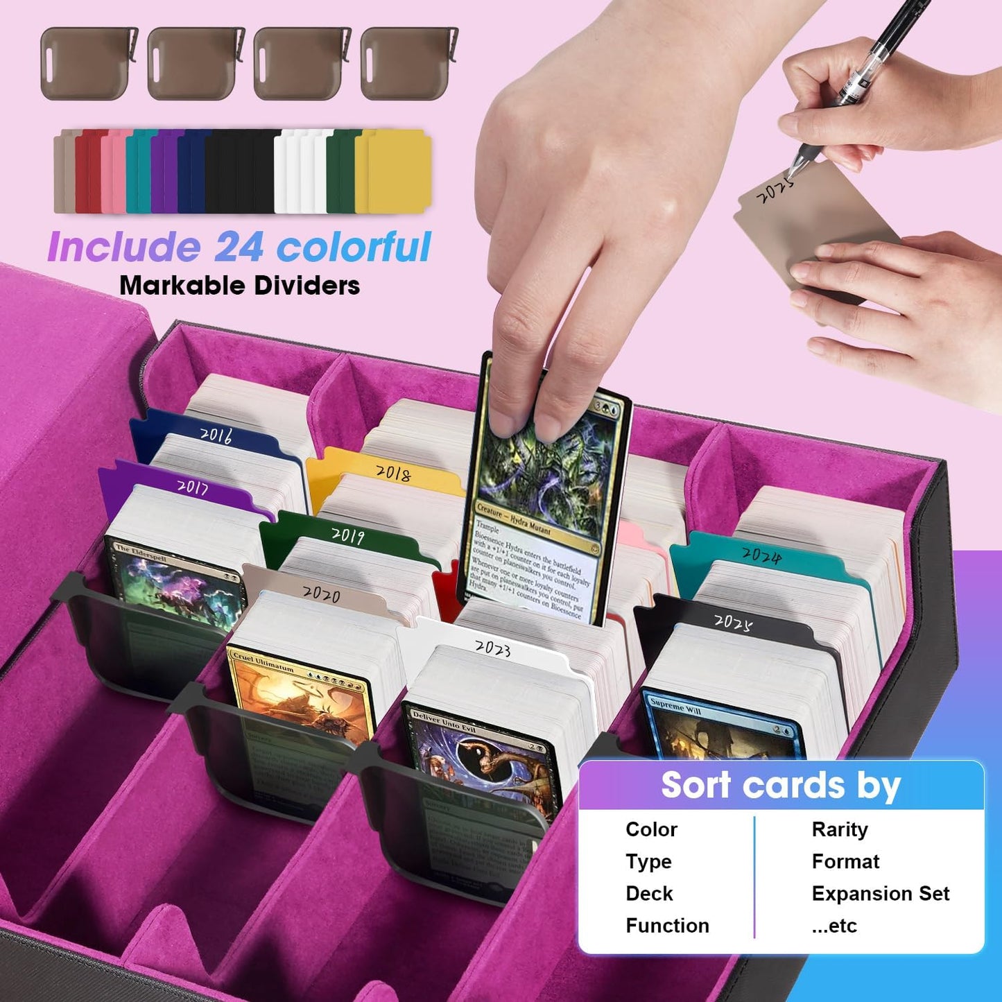 3000+Trading Card Storage Box, PU Leather Organizer Case With 24 Dividers, Magnetic Closure, 4 Supporters, For Game Sports Card,Purple