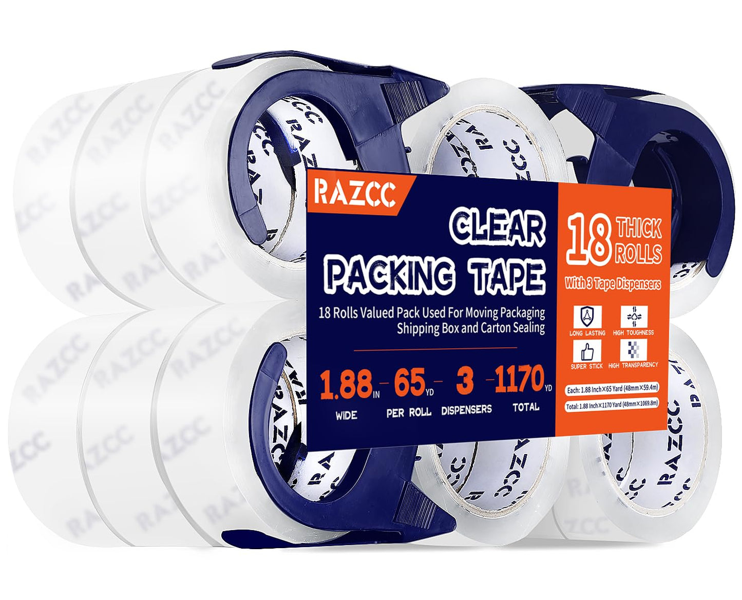 Packing Tape, 18 Rolls Clear Heavy Duty Packaging Tape with Dispensers for Packing, Shipping, Moving and Mailing, Thicker Sealing Tape-1.88" x 65 Yards Per Roll, 1170 Total Yards