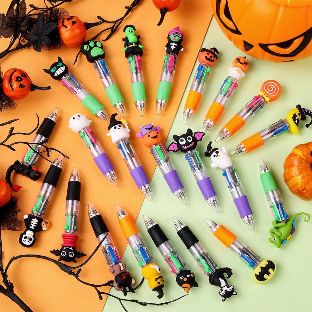 24PCS Halloween Multicolor Ballpoint Pens 4 Colors in 1 Retractable 0.7mm Cartoon Cute Fun Pens for Kids Ghost Pumpkin Writing tationery for Holiday Party School Supplies Students Rewards