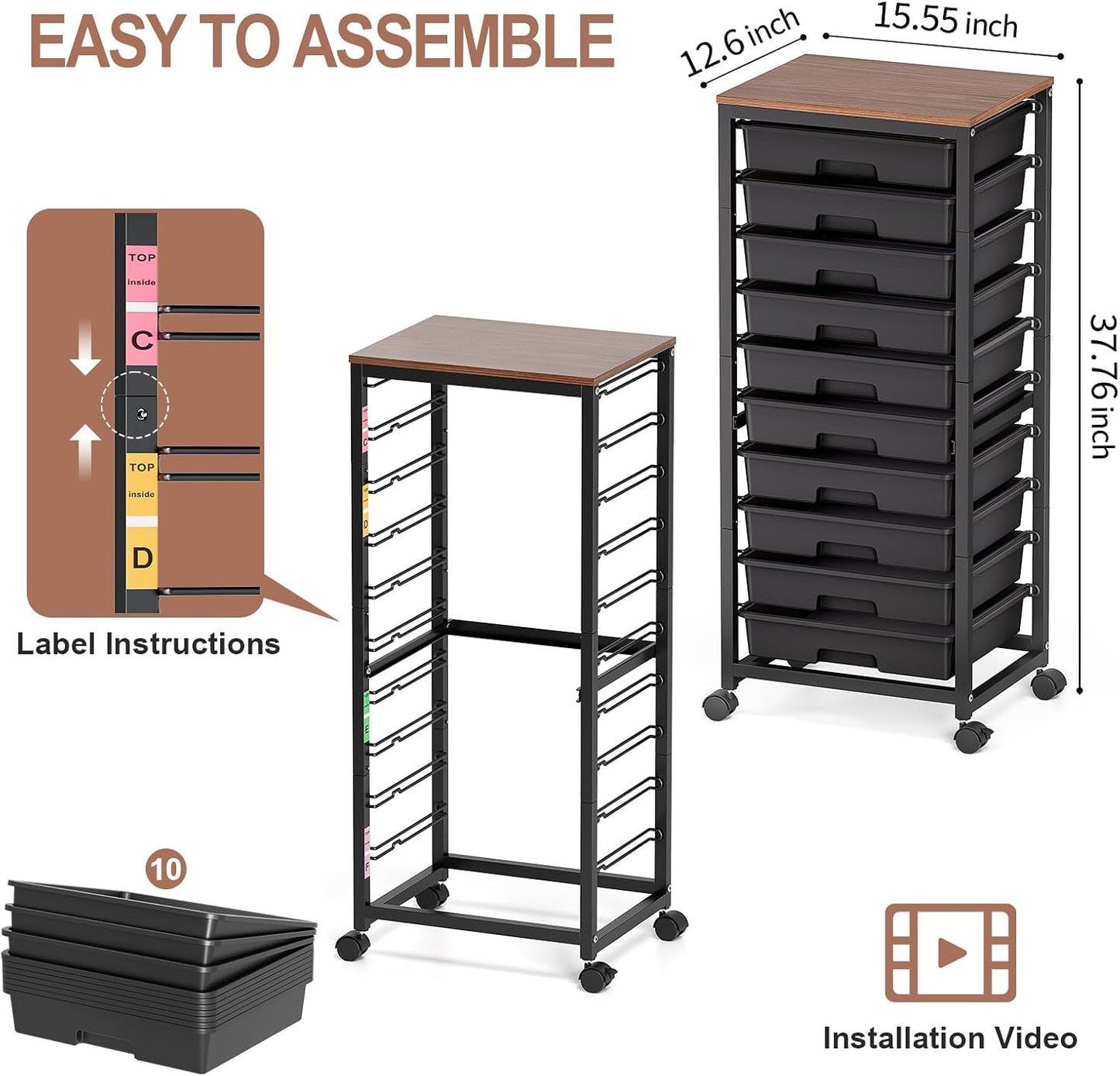 Rolling Cart with Drawers,10 Drawer Rolling Cart,Storage Cart,Utility Cart,Teacher Cart for Classroom Storage,Craft Cart with Wheels and Wooden Tabletop,Black