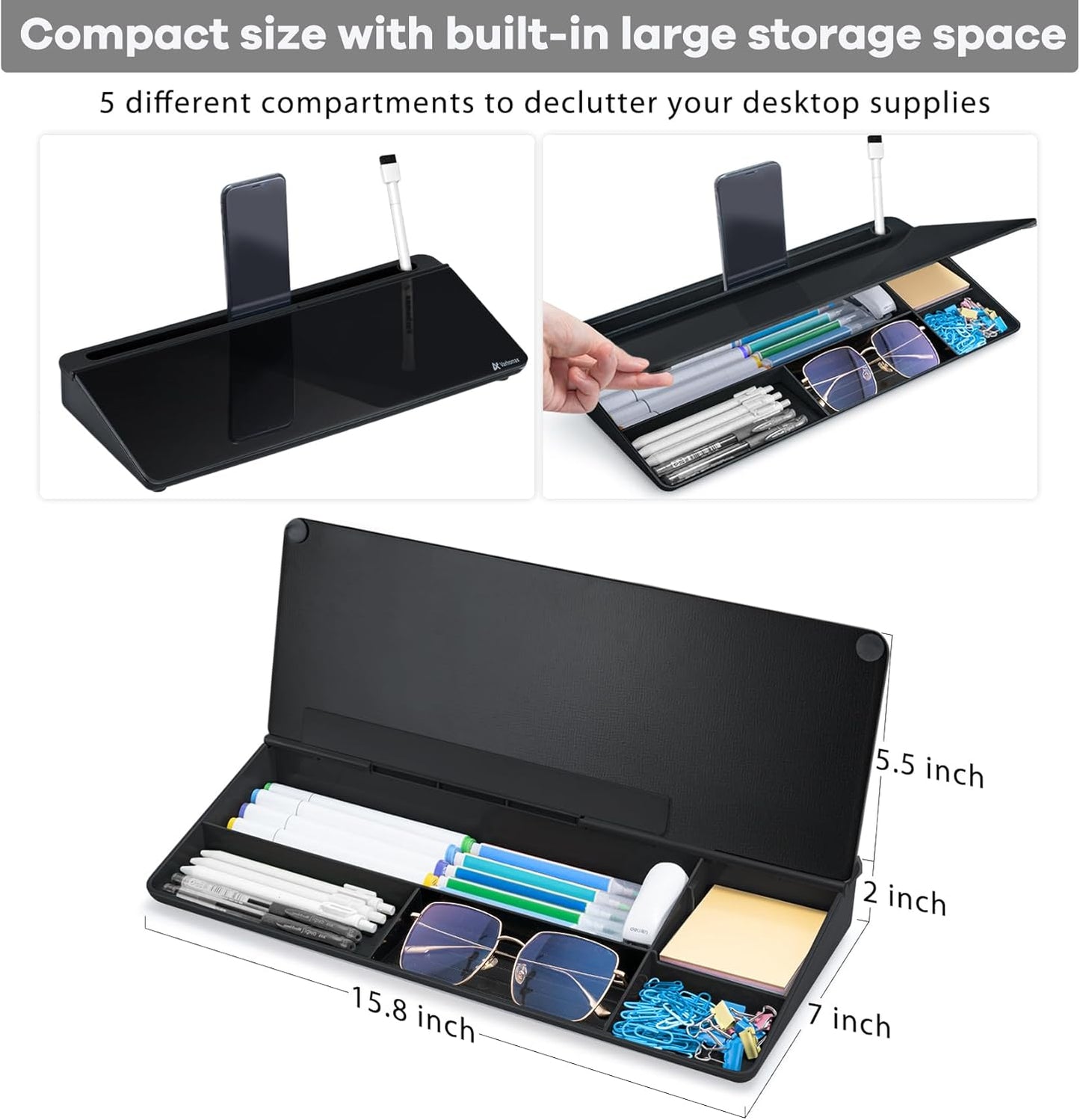 Varhomax Desktop Whiteboard with Storage, Desk Organizer Dry Erase Glass White Board to-do List Memo Notepad for Home Office and School Supplies (Black)