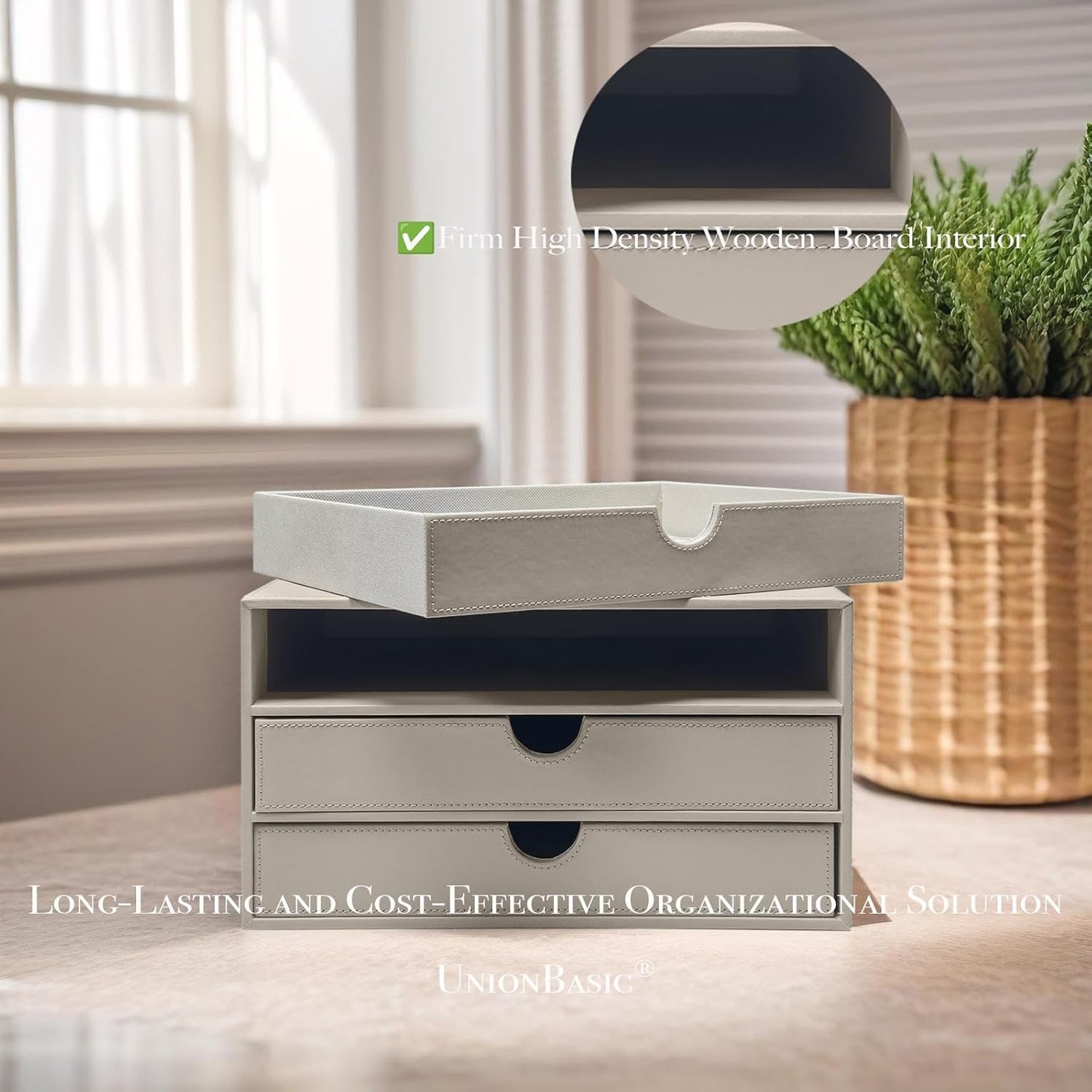 UnionBasic Document Organizer, 3-Drawer File Cabinet Document Storage Box, Office Desktop Filing Organizer, Feather Gray