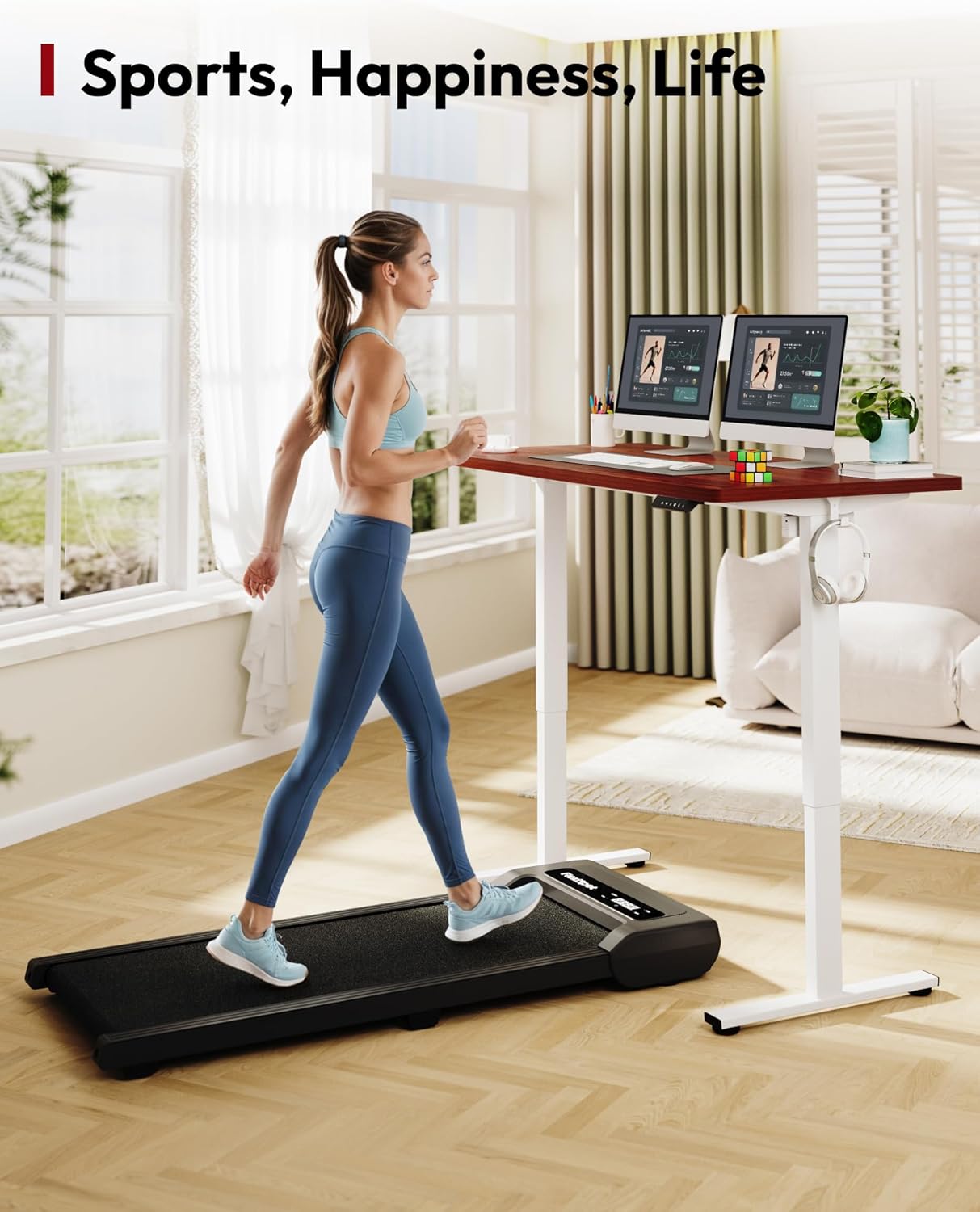 SANODESK Electric Standing Desk 48 x 30 Inches Whole-Piece Desktop Height Adjustable Stand Up Desk w/6-Button Controller Ergonomic Computer Desk for Home Office, White Frame + Mahogany Tabletop