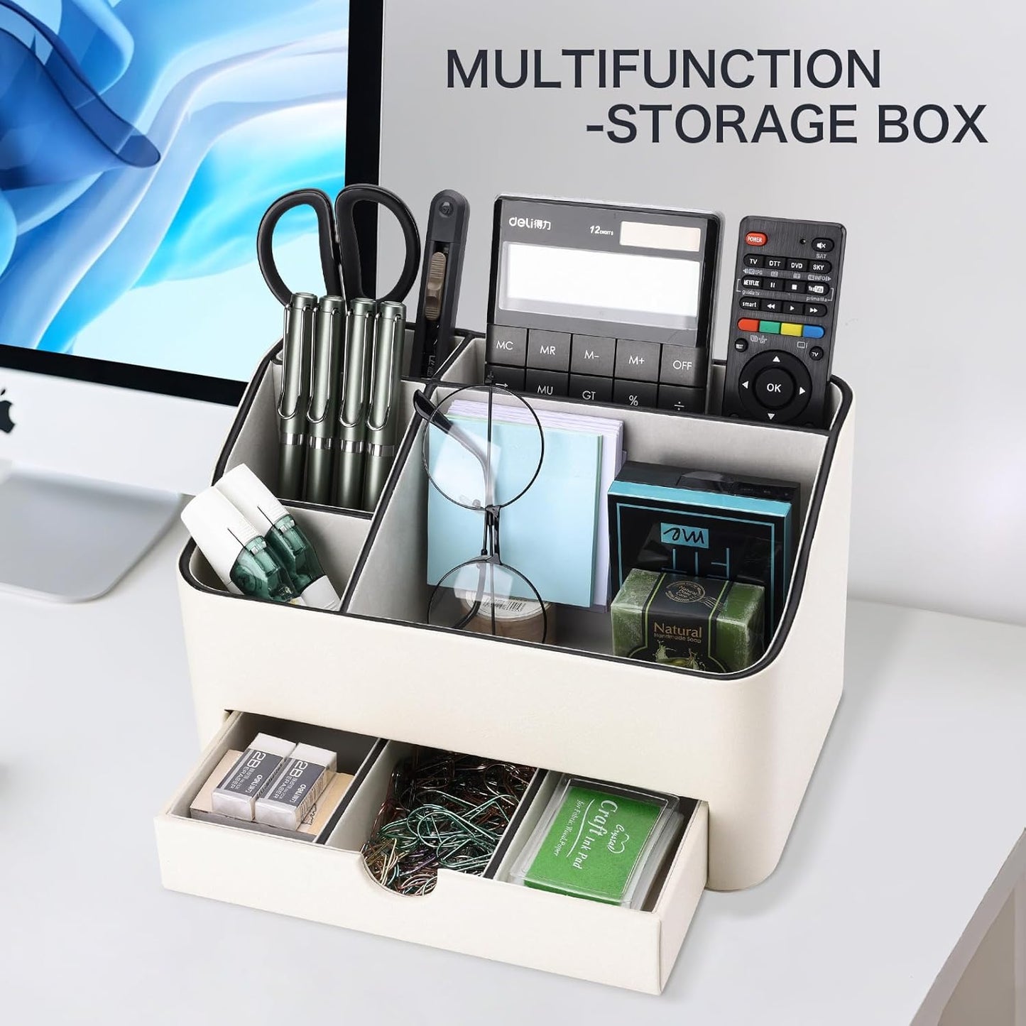 KINGFOM Desk Organizer with Drawer, Multifunction Pencil Holder for Desk, Desk Organizer and Accessories 5 Comparetments for Home Office Supplies (Ivory White)