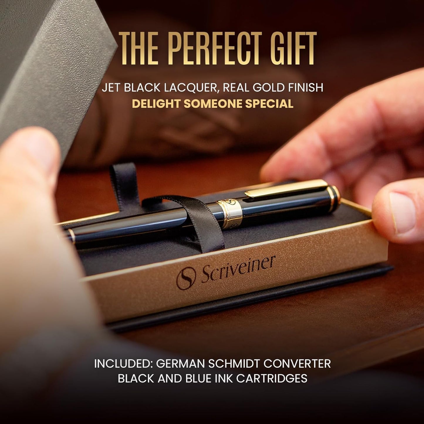 Scriveiner Black Lacquer Fountain Pen - Stunning Luxury Pen, Real Gold Finish, Schmidt Gilded Nib (Broad), Best Pen Gift Set for Men & Women, Professional, Executive, Office, Nice Pens
