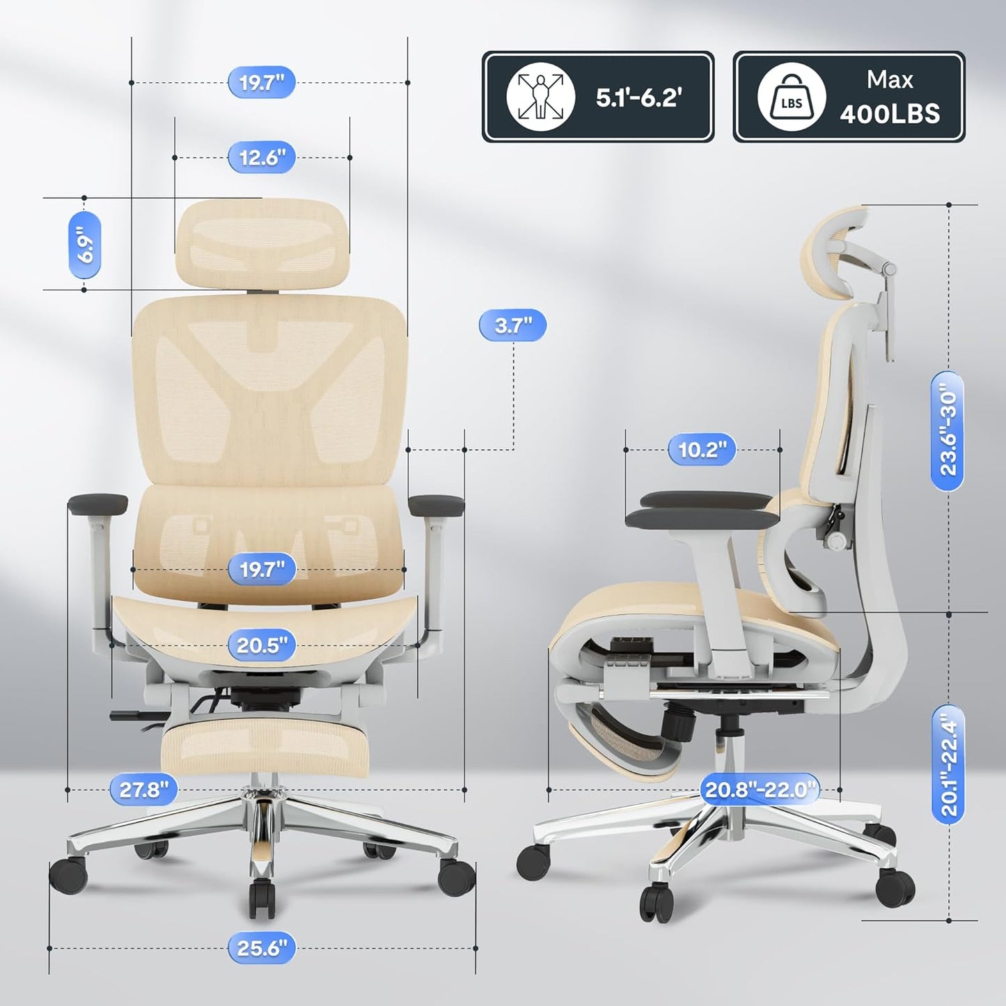 FLEXISPOT ErgoX Premium Ergonomic Office Chair with Footrest- Adjustable 3D Armrests, Dynamic Lumbar Support, Recline & Tilt Function, Mesh Seat, for Home & Office Use,Cream