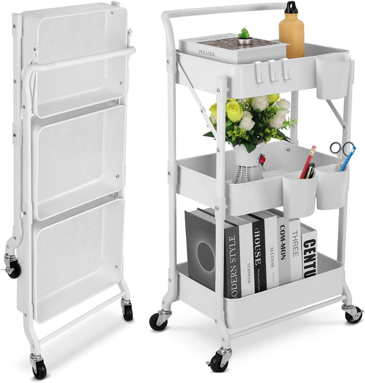 Foldable 3 Tier Metal Utility Rolling Cart, Folding Mobile Multi-Function Storage Trolley Organizer Cart for Home Library Office(White)