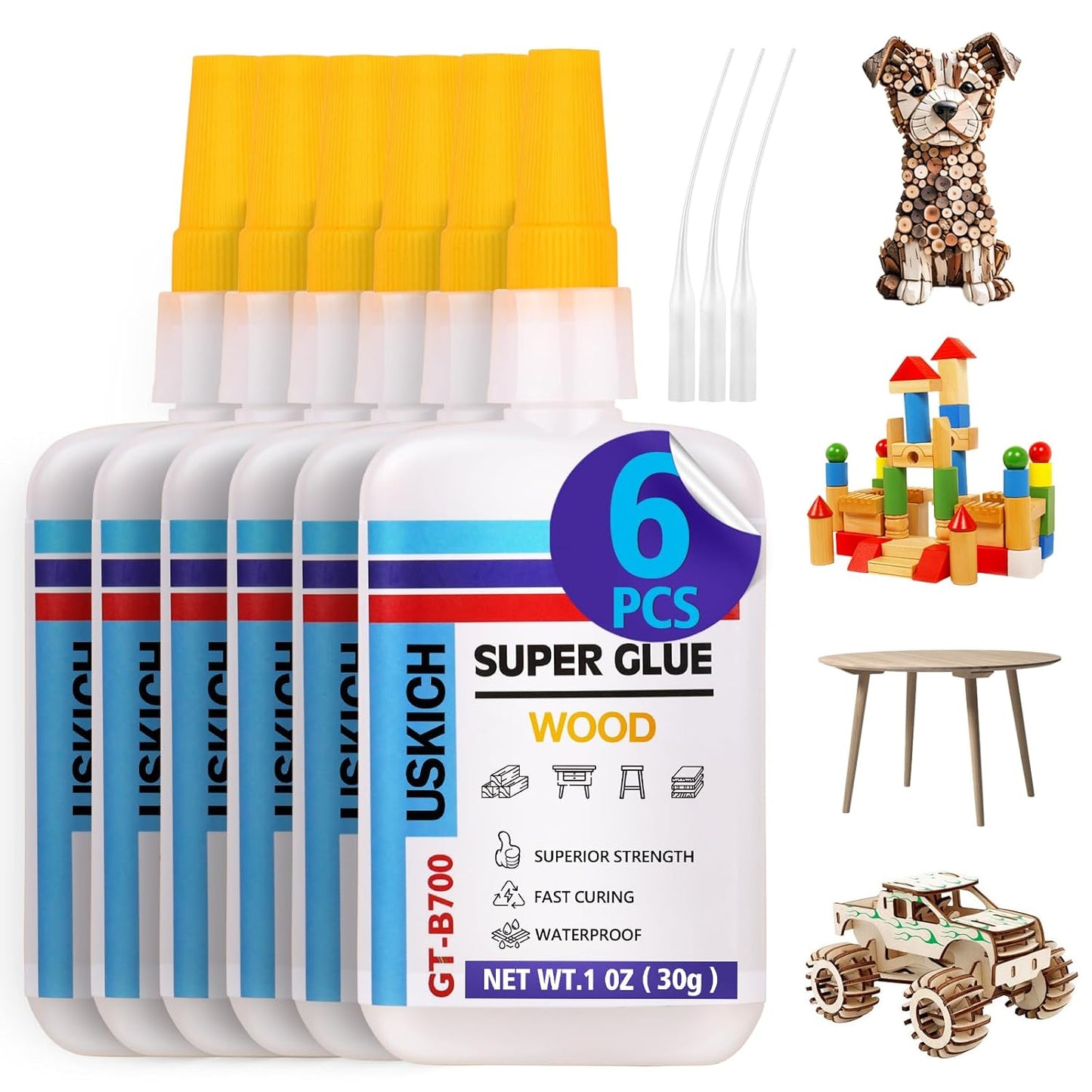 Super Glue for Woodwork with Anti Clog Cap. 6 x 1 fl oz,CA Glue - Clear Adhesive Cyanoacrylate Glue for Furniture, Garden, Crafts, DIY, Metal to Wood, Quick Dry