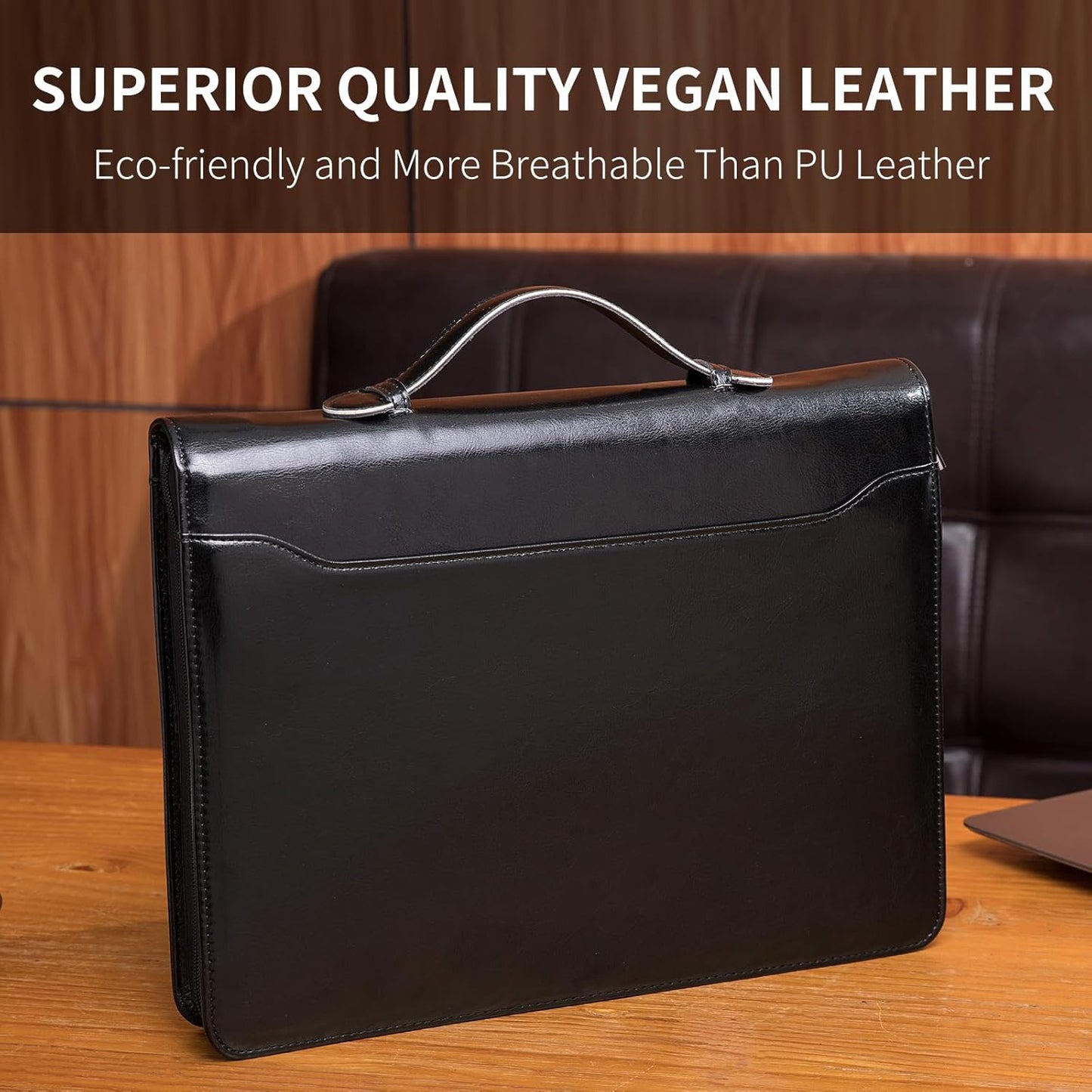 Personalized Vegan Leather Portfolio with Hidden Handle, Front Pocket, Custom Business Padfolio Tablet/13” Laptop Organizer, Professional Executive Document Folio, Black
