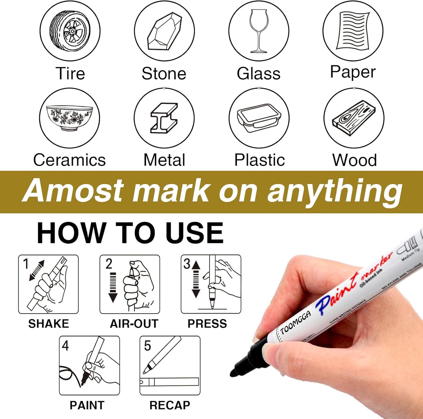 Yellow Permanent Paint Pens Paint Markers - 12 Pack Oil Based Markers, Quick Drying and Waterproof Marker Pen, Car Tire, Metal, Rock Painting, Wood, Ceramic, Plastic, Canvas, Mugs, Medium Tip