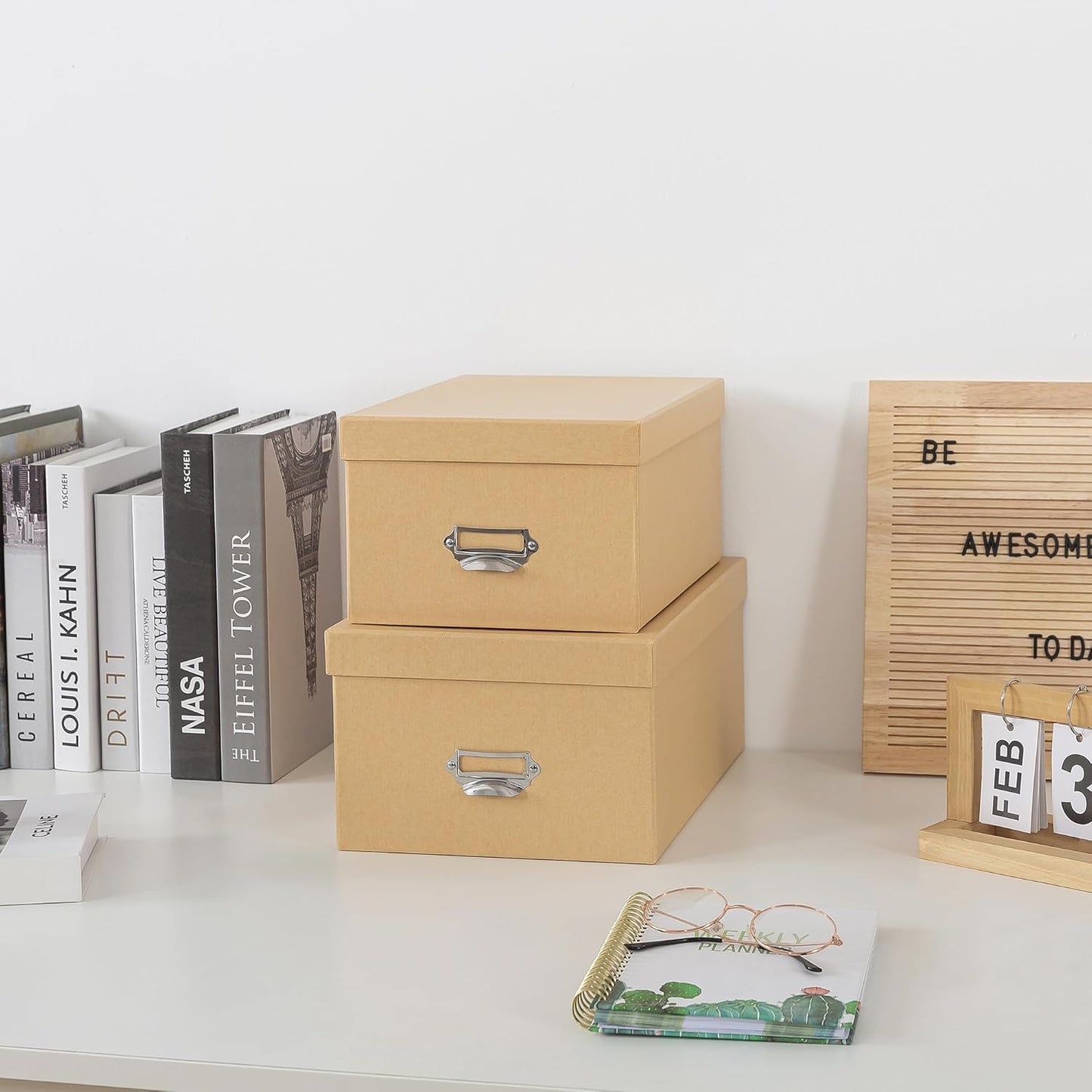 Soul & Lane Kraft Decorative Cardboard Storage Boxes with Lids, Set of 2 Stacking Keepsake Photo and Memory Boxes for Home & Office, Elegant Paperboard Organizers with Label Holders and Drawer Pulls