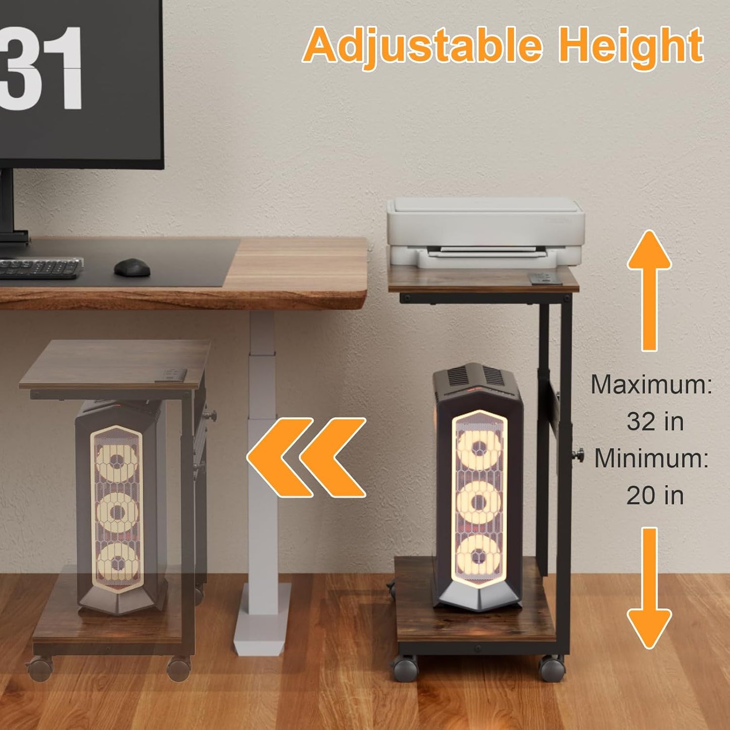 Computer Tower Stand with Charging Station, Height Adjustable 2-Tier CPU Stand with Power Strip and USB Ports, PC Tower Cart with Wheels and Printer Shelf, Rustic Brown and Black