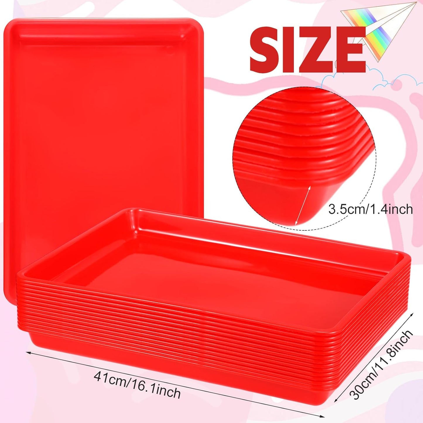 Maitys 15 Pcs Flat Plastic Trays 16.1 x 11.8'' Sensory Storage Paper Tray Stackable Classroom Bins for Office Home Organizer Crafts Supplies(Red)
