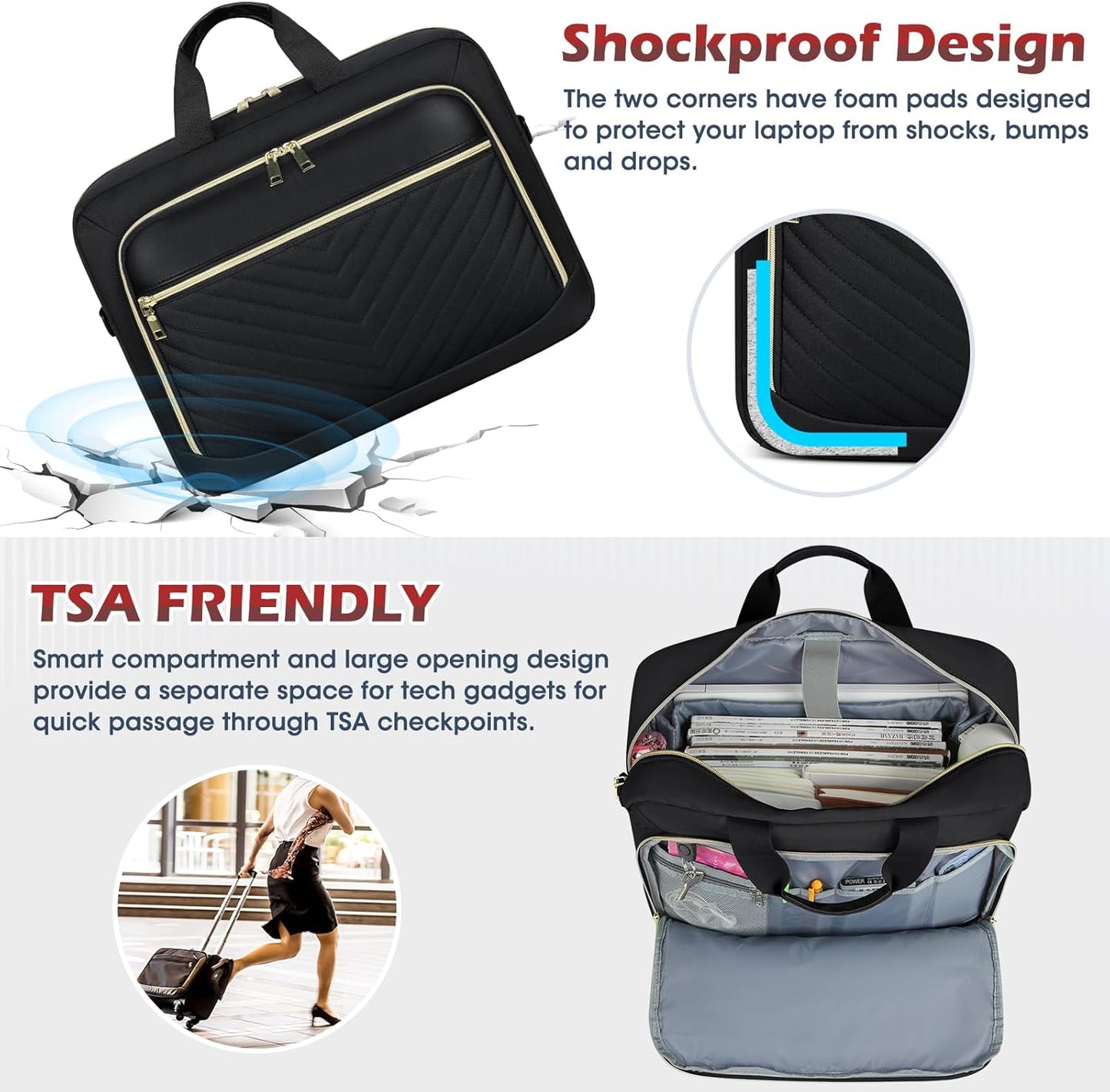 NEWHEY Laptop Bag 17.3 Inch Laptop Briefcase for Women Men Waterproof Shoulder Messenger Bag Large Computer Bag for Business Office Work College, V Thread Black