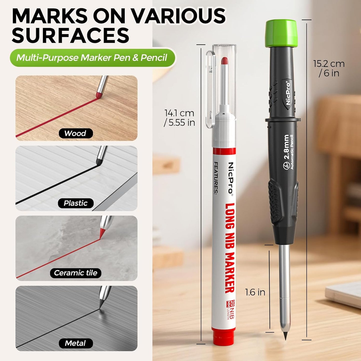 Nicpro Carpenter Pencil with Sharpener & Belt Clip, CP3000 Mechanical Pencils with 6 Refills in a Lead Dispenser, Deep Hole Long Nib Marker Pens for Construction, Woodworking Marking Carpenter Tools