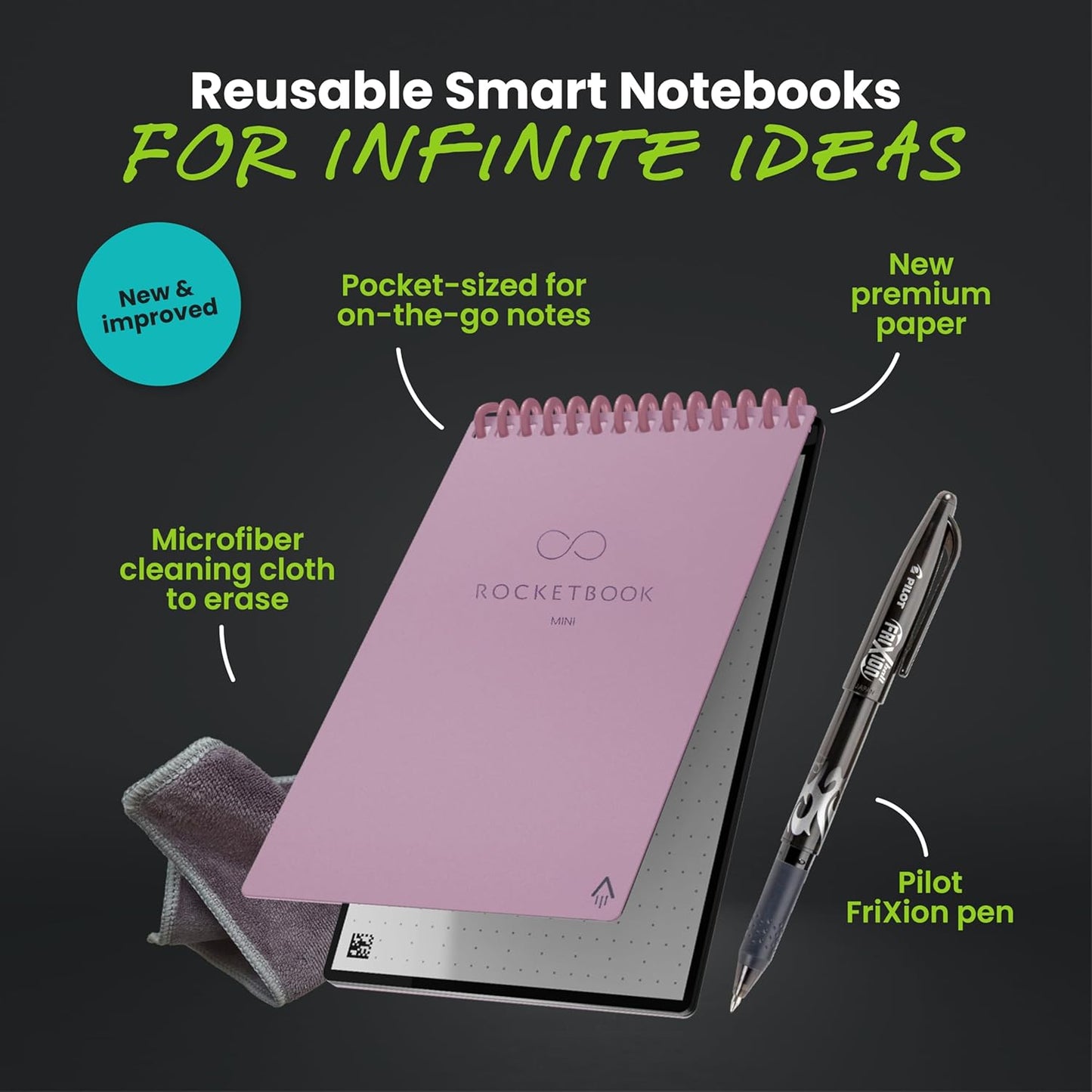Rocketbook Mini Reusable Smart Notepad, Pocket Size Notebook 3.5x5.5, Pink - Dotted Pages, App-Connected, Erasable, Ideal for On-The-Go List Taking & Quick Notes Anywhere
