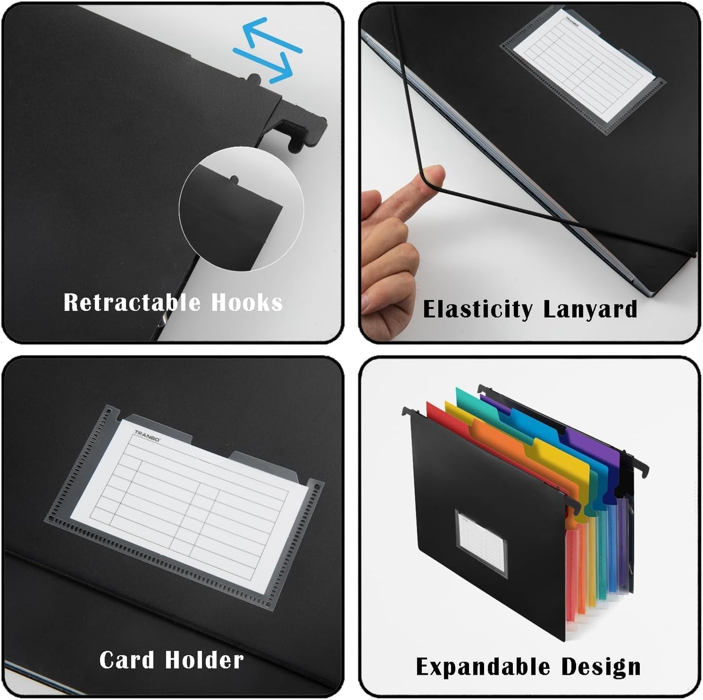 TRANBO 7-Pockets Hanging File Folder with Retractable Hooks for Filing Cabinet, Letter Size Expandable Accordion File Organizer with Elastic Band for File Frame or On-The-Go Use (1 Pack)