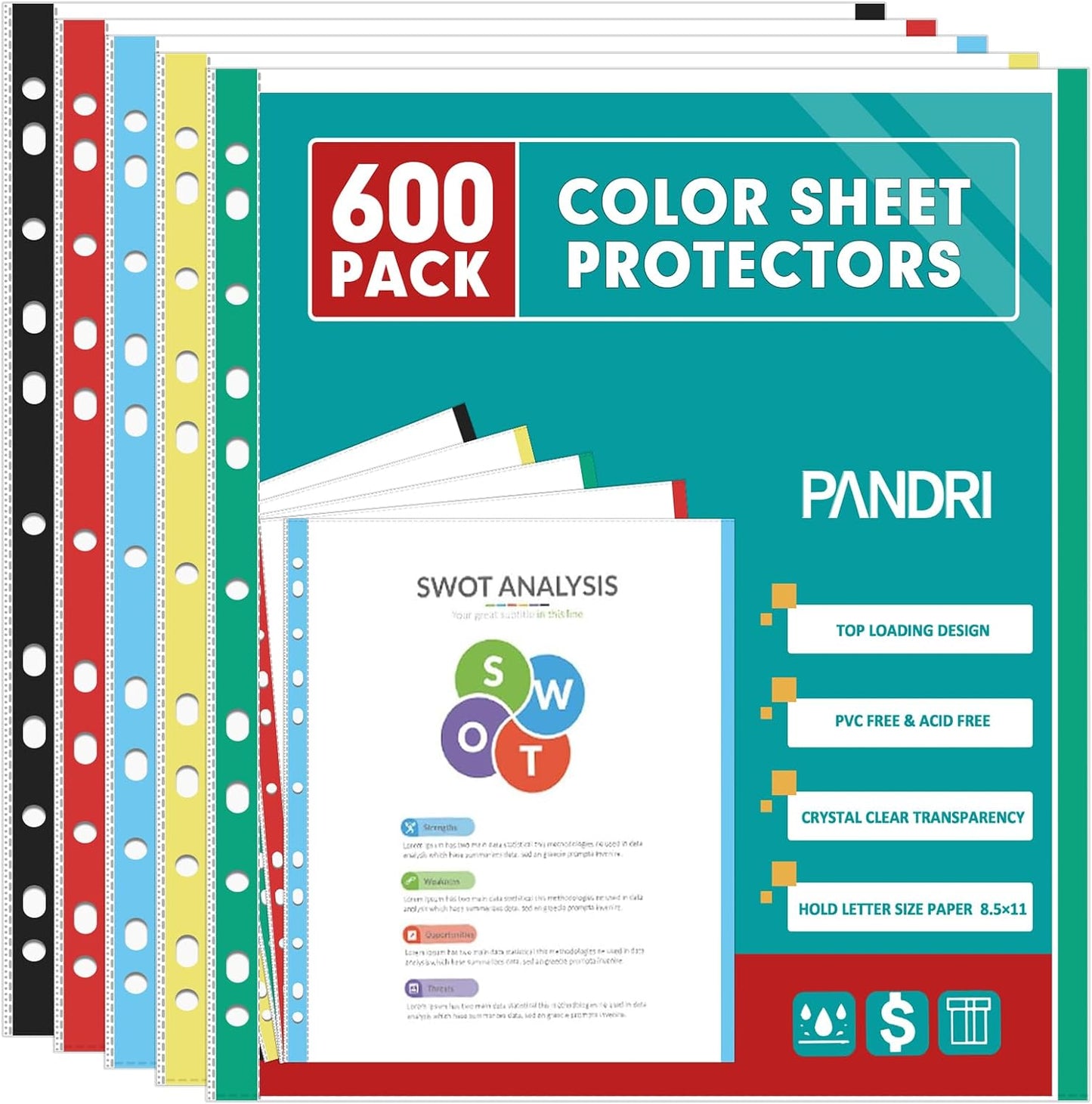 Sheet Protectors, PANDRI 600 Pack Color Heavy Duty Plastic Page Protectors Sheet Reinforced 11-Hole Fit for 3 Ring Binder Fits Standard 8.5 x 11 Paper, 9.25 x 11.25 Top Loaded, Excluding Acid