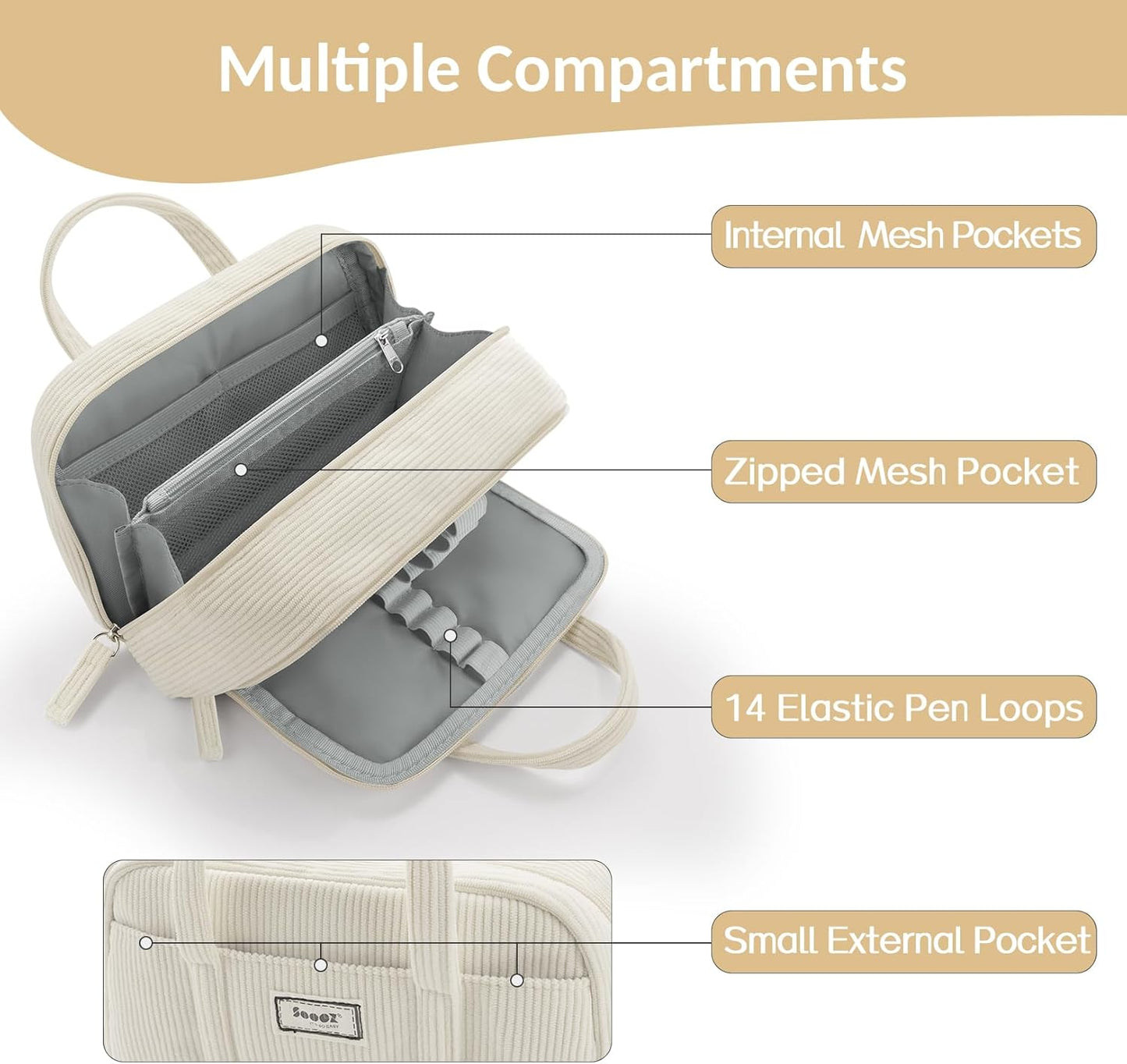 Sooez Large Pencil Case Pouch, Extra Big Pencil Bag with 5 Compartments, Pen Bag Wide Opening, Soft Corduroy Pencil Pouch Organizer with Zipper, Cute Aesthetic School Supplies for Teen Girls-Blue