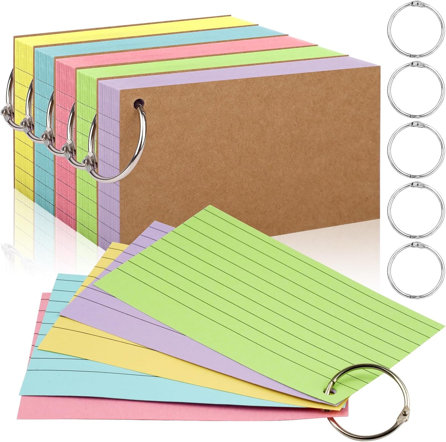 350 Pcs Index Cards With Ring, 3x5 Inches Flash Cards With Rings，Colored Heavy Notecards With Ring, Punched Lined Study Cards For School, College, Home, Office, Memory, To Do List (5 Colors)