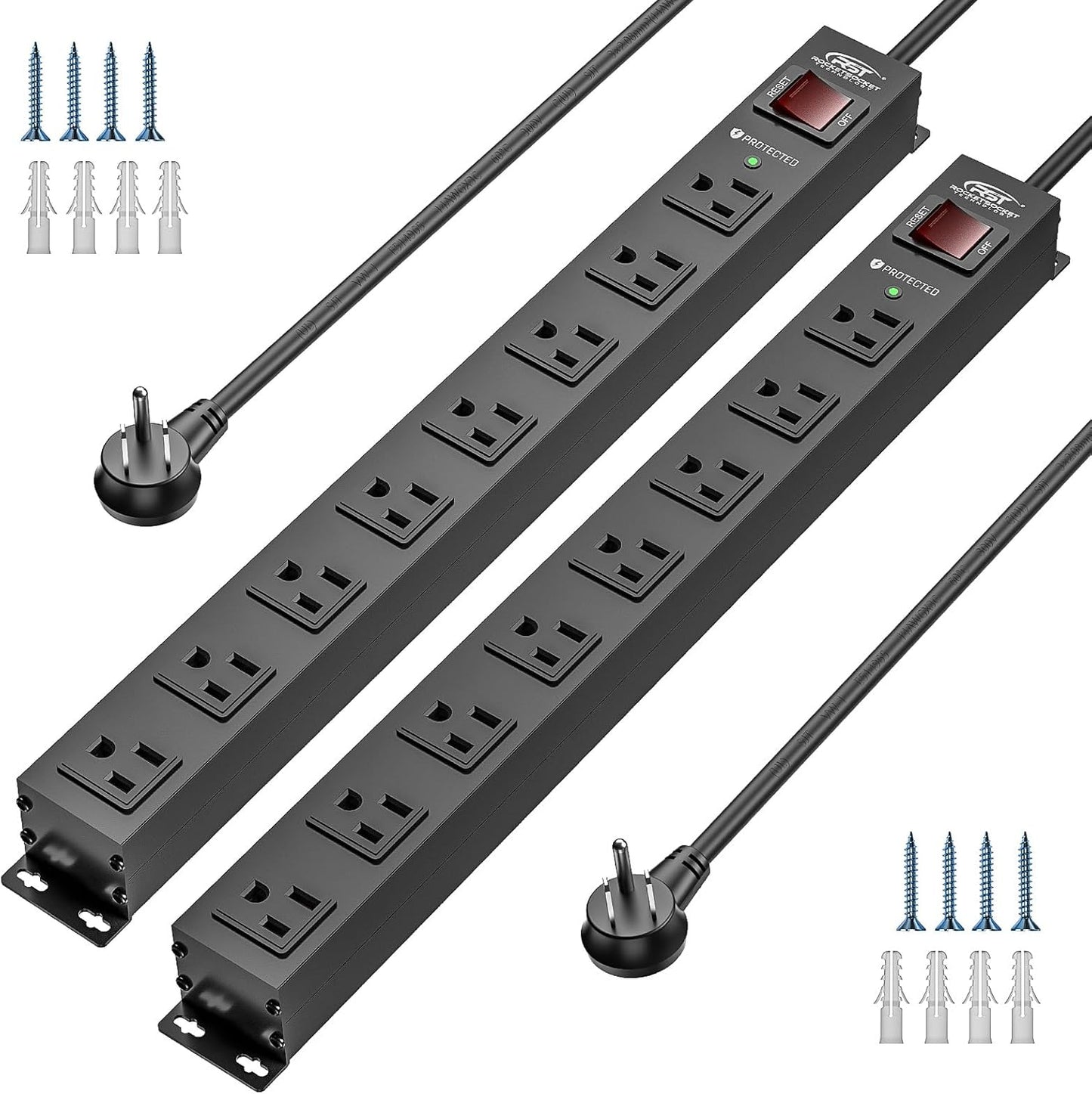 CRST 2 Pack 8 Outlet Metal Heavy Duty Power Strip with Switch, 2100J Surge Protector, Mountable Wide Spaced Power Strip, 6 FT 14AWG, 15A/1875W
