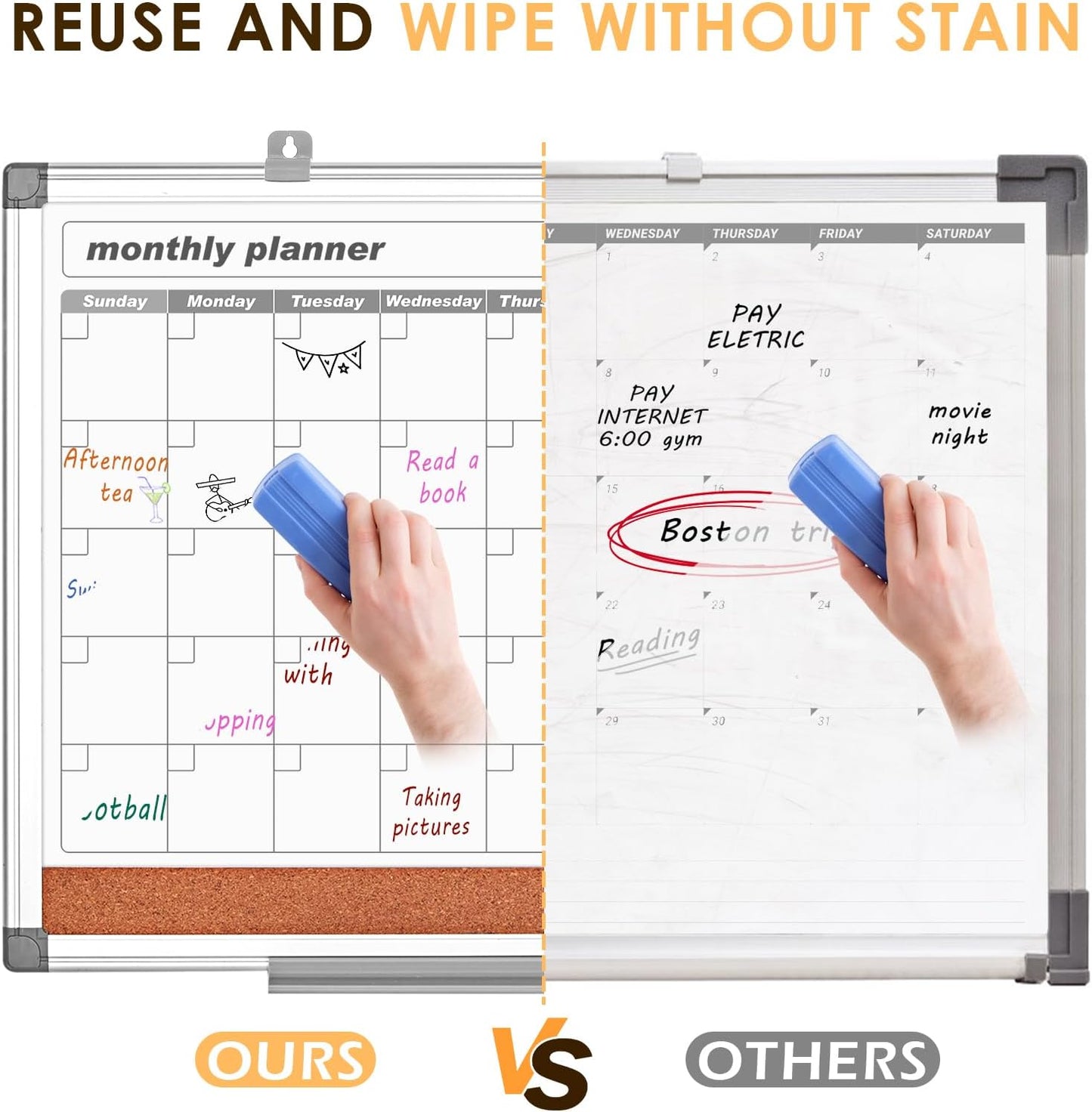 MAKELLO Dry Erase Calendar for Wall 36x24 in, Large Calendar Whiteboard with Cork Board for Office, Home, School, Family, Kitchen and Bedroom, 3' x 2'